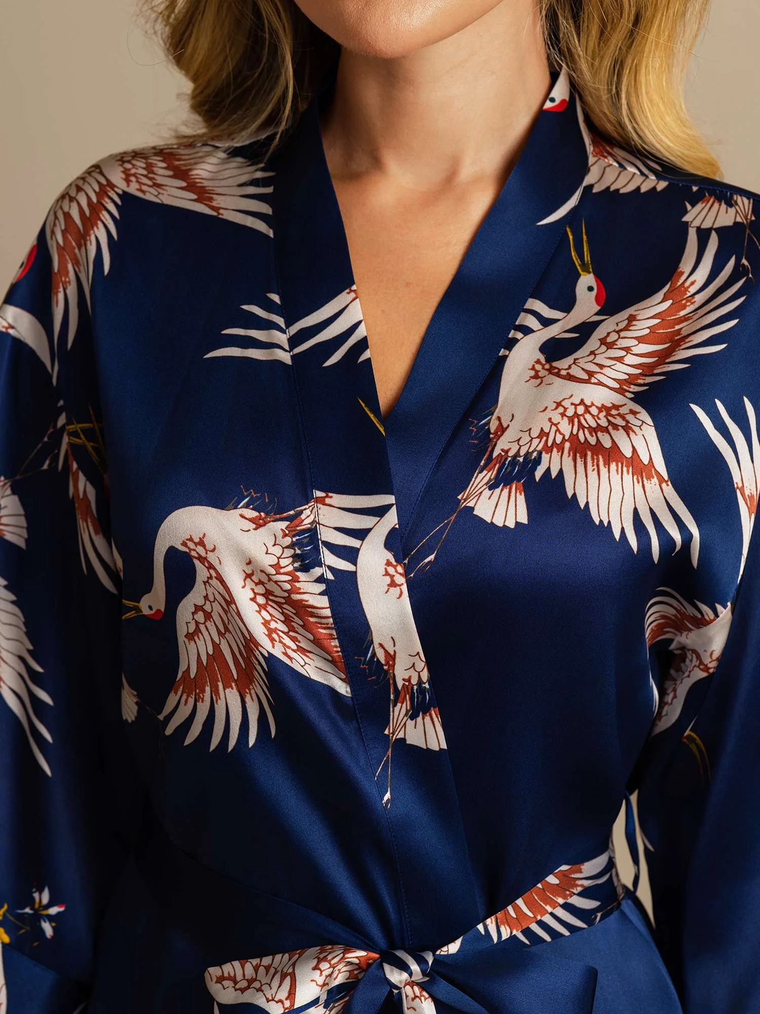 19Momme Pure Silk Crane Print Belted Wrap Women's Kimono Robe - Image 19