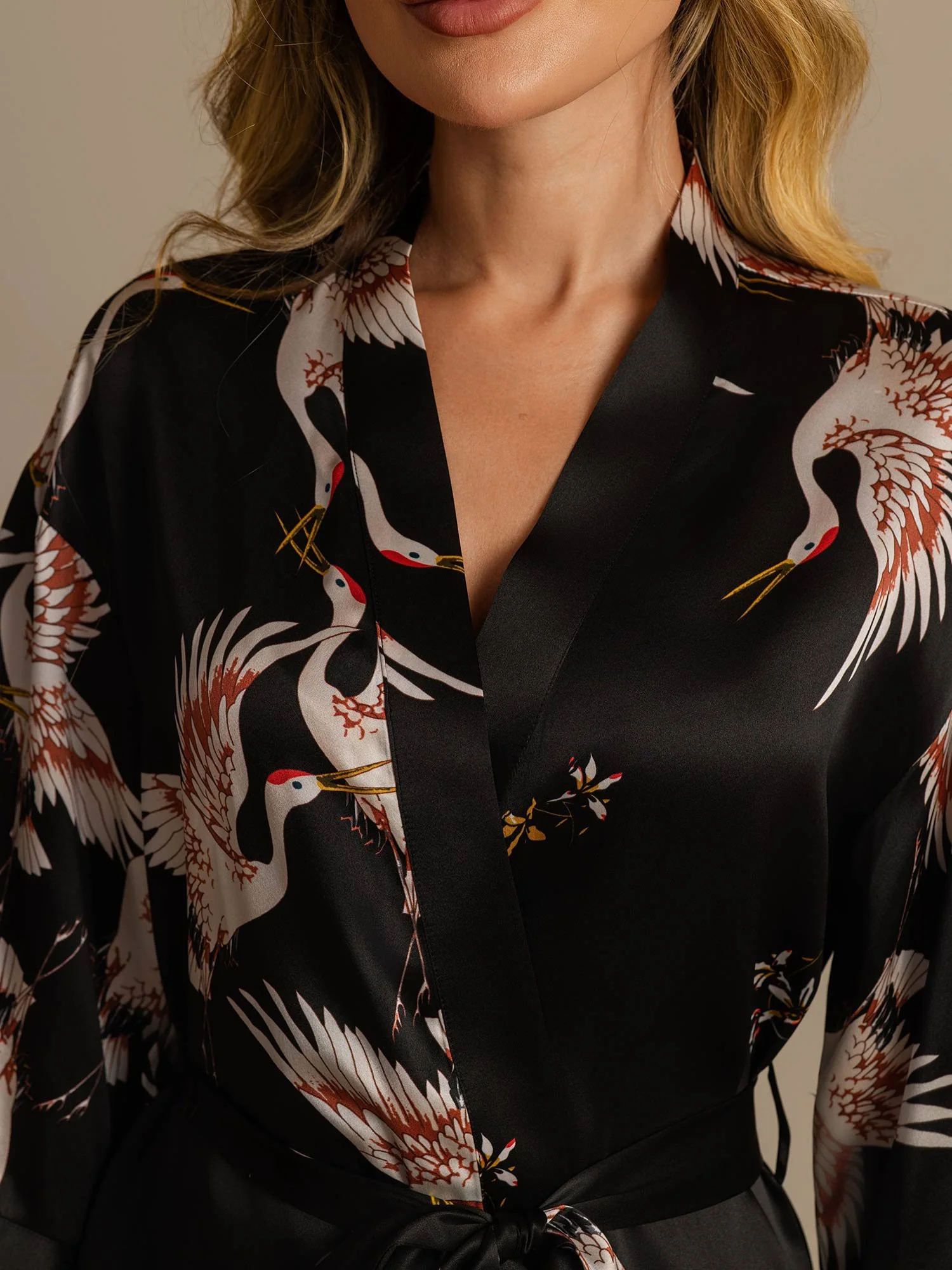 19Momme Pure Silk Crane Print Belted Wrap Women's Kimono Robe - Image 26