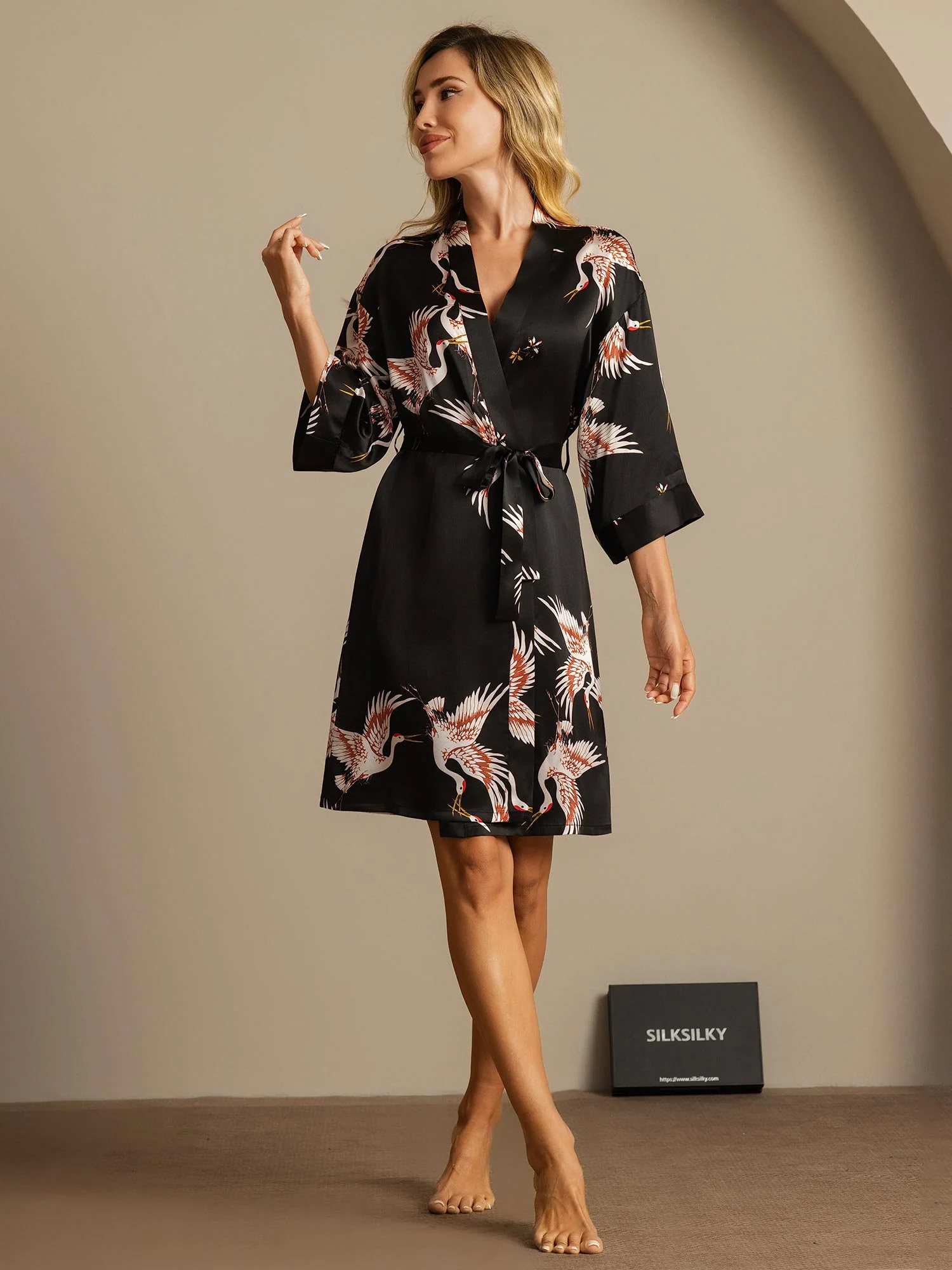 19Momme Pure Silk Crane Print Belted Wrap Women's Kimono Robe - Image 27