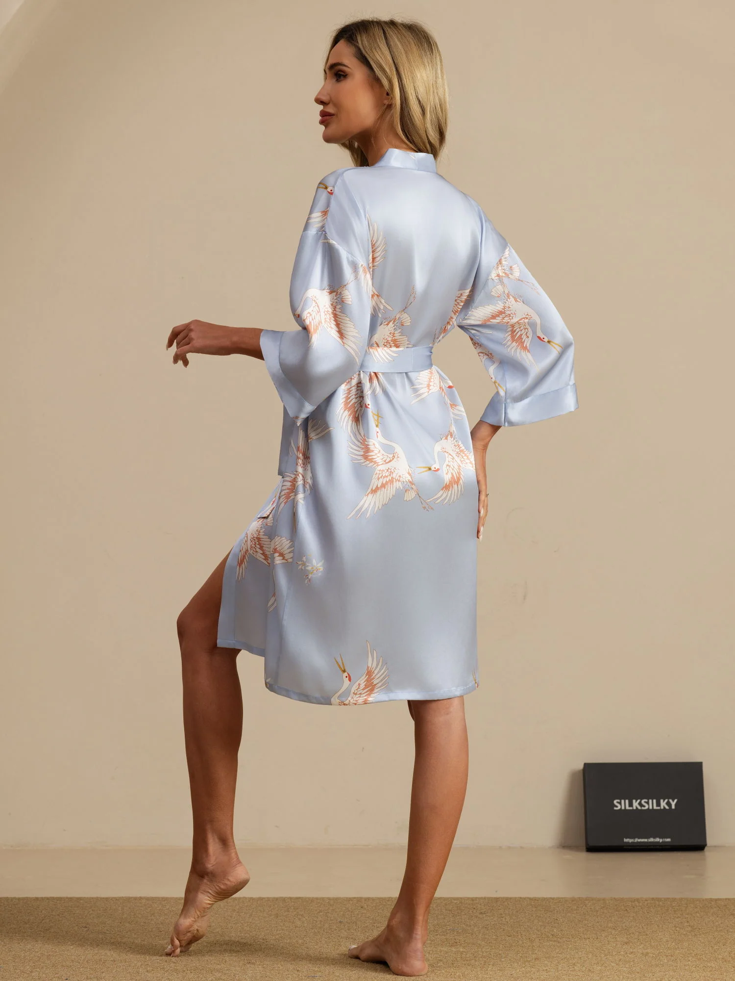 19Momme Pure Silk Crane Print Belted Wrap Women's Kimono Robe - Image 32