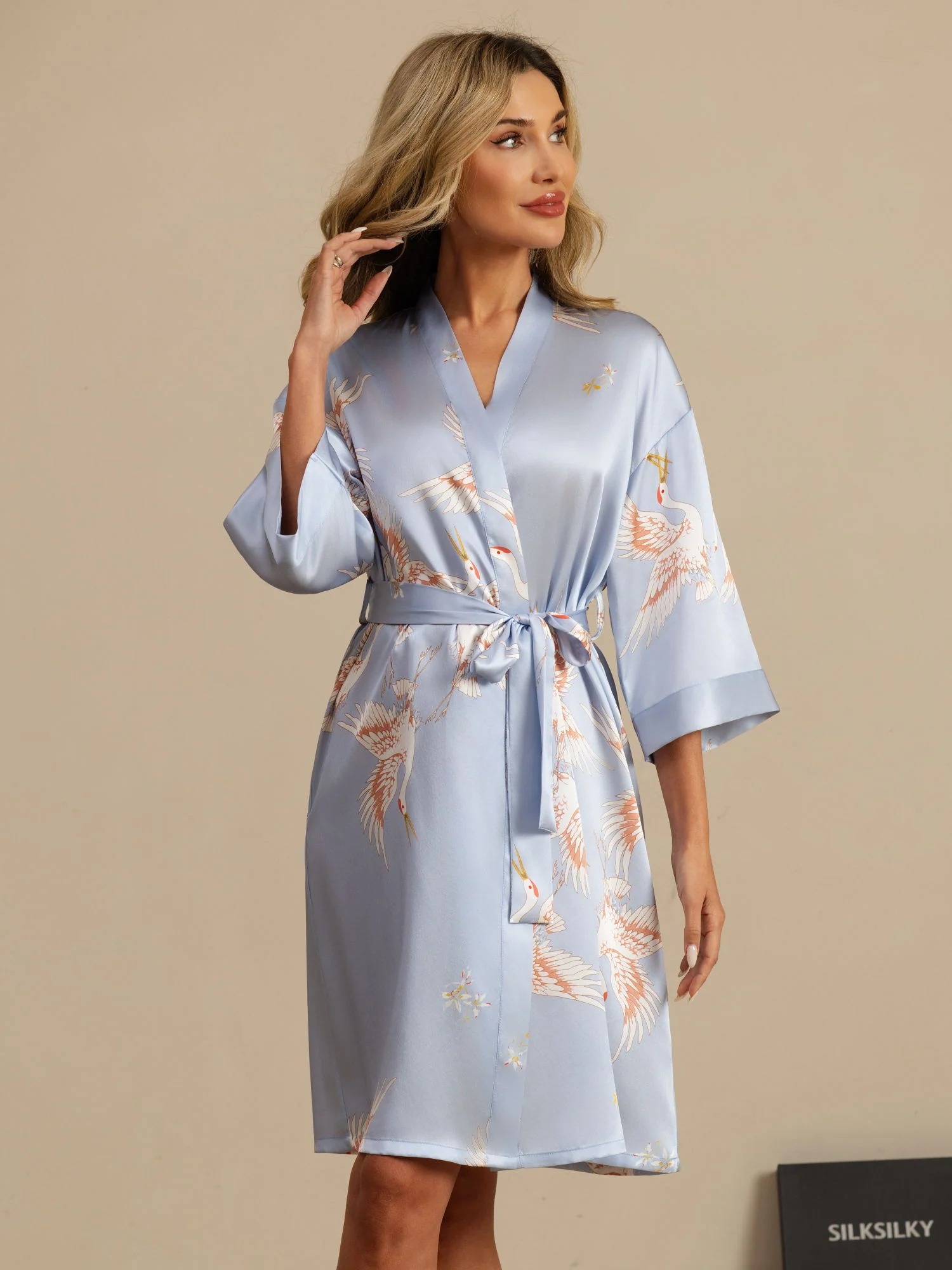 19Momme Pure Silk Crane Print Belted Wrap Women's Kimono Robe - Image 33