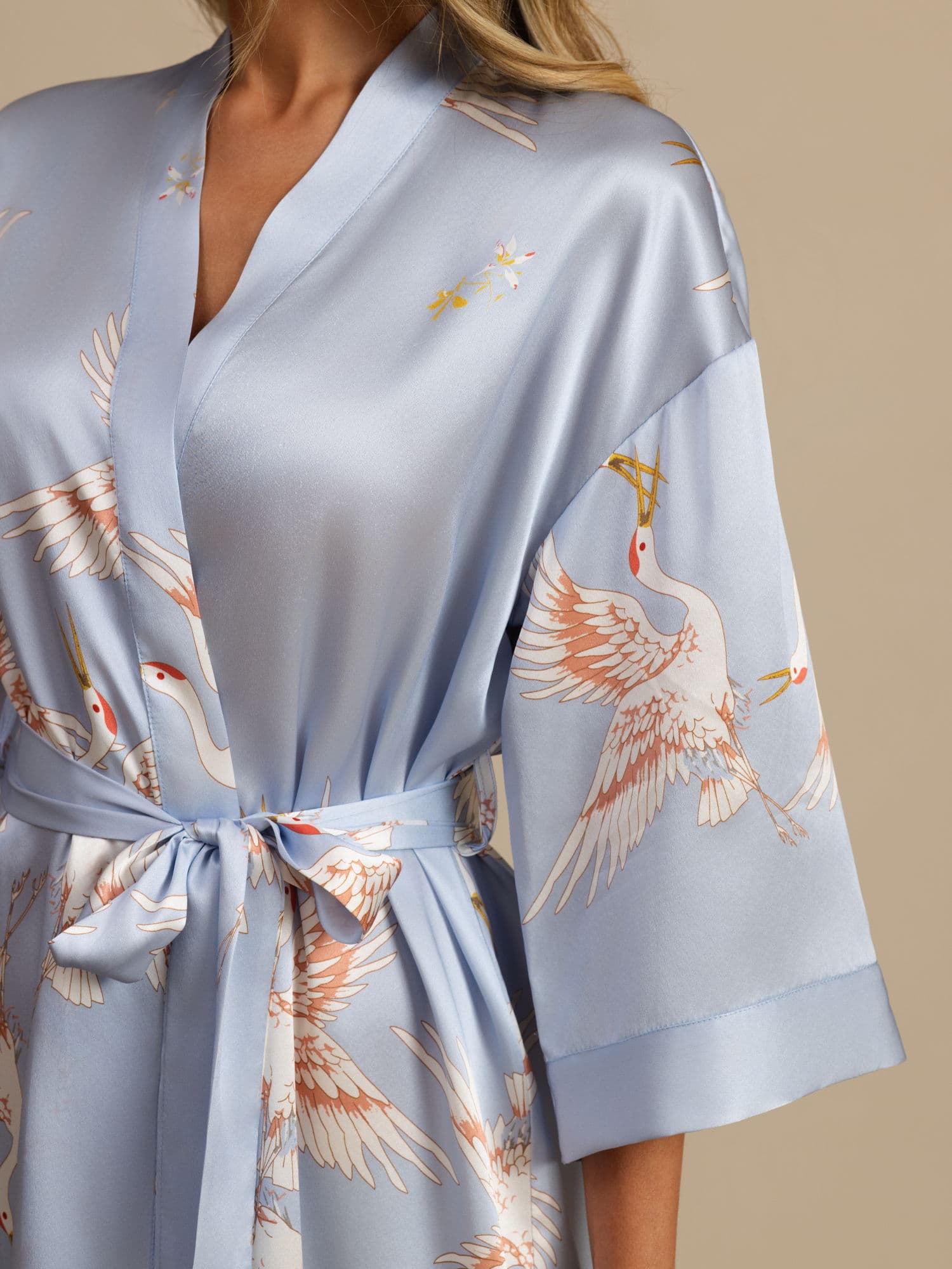 19Momme Pure Silk Crane Print Belted Wrap Women's Kimono Robe - Image 35