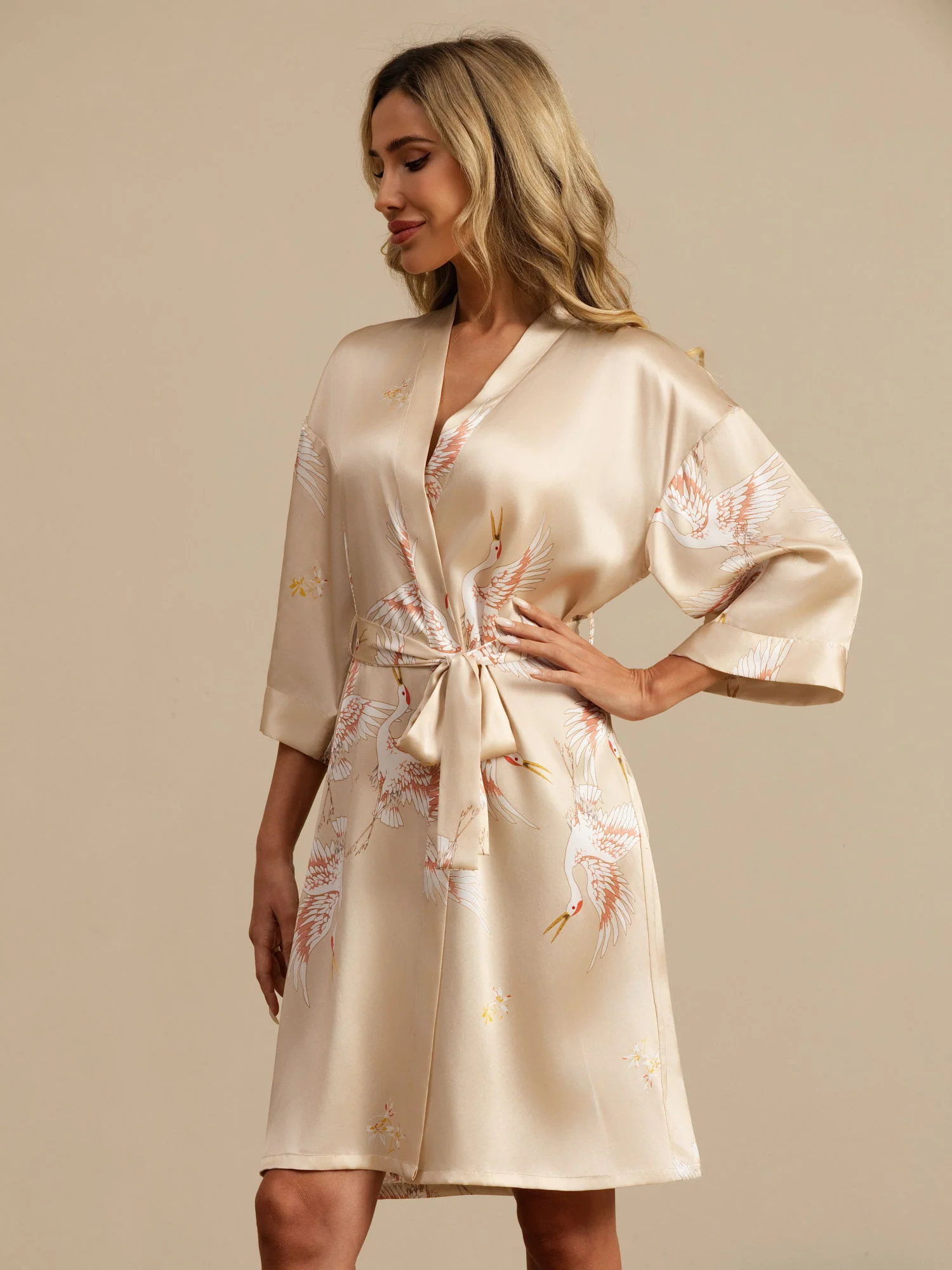 19Momme Pure Silk Crane Print Belted Wrap Women's Kimono Robe - Image 37
