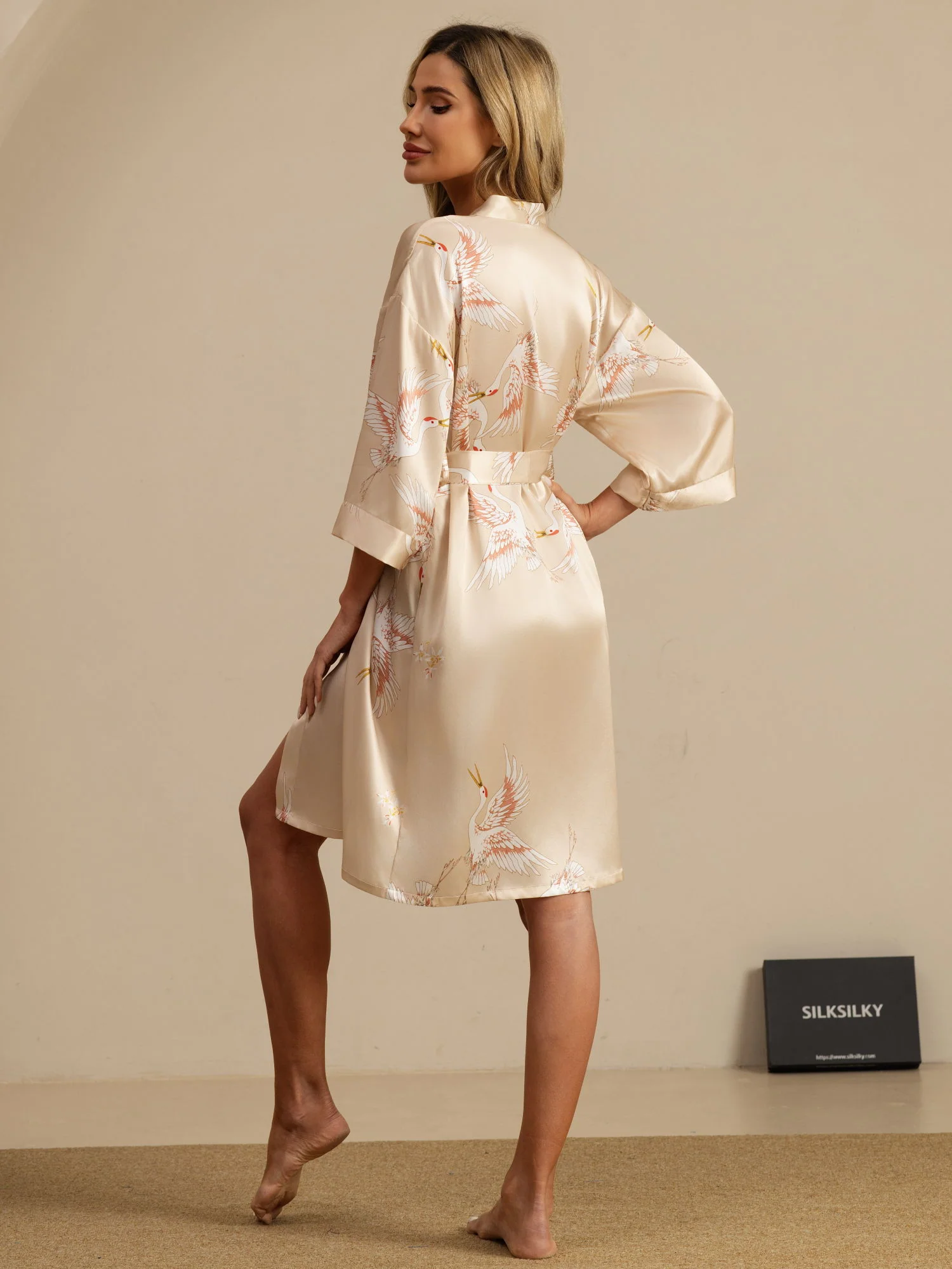19Momme Pure Silk Crane Print Belted Wrap Women's Kimono Robe - Image 38