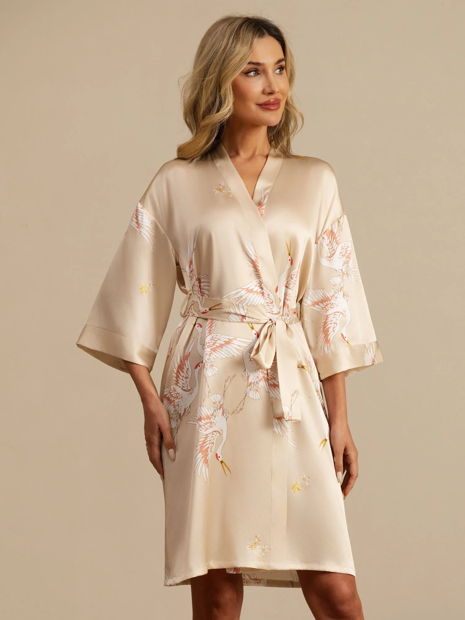 19Momme Pure Silk Crane Print Belted Wrap Women's Kimono Robe - Image 39