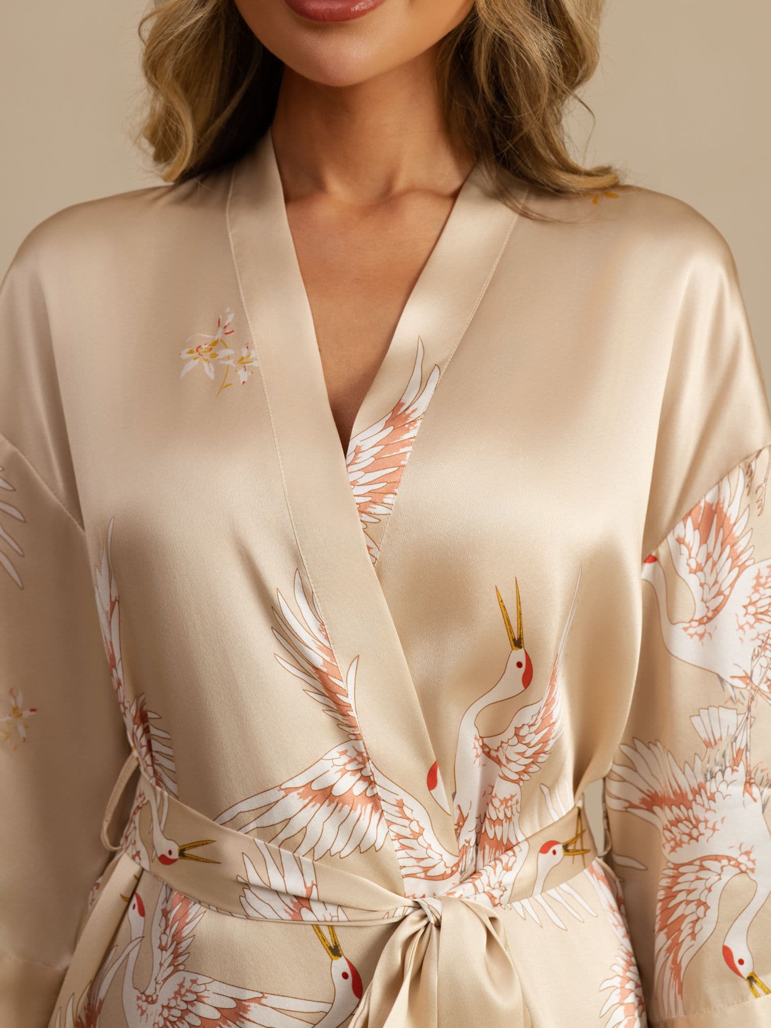 19Momme Pure Silk Crane Print Belted Wrap Women's Kimono Robe - Image 41