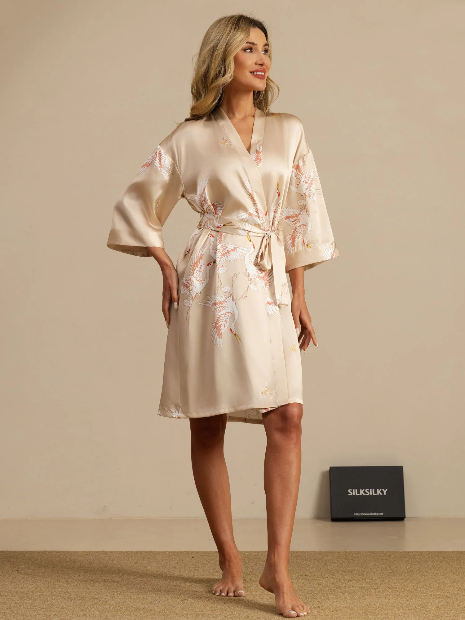 19Momme Pure Silk Crane Print Belted Wrap Women's Kimono Robe - Image 42