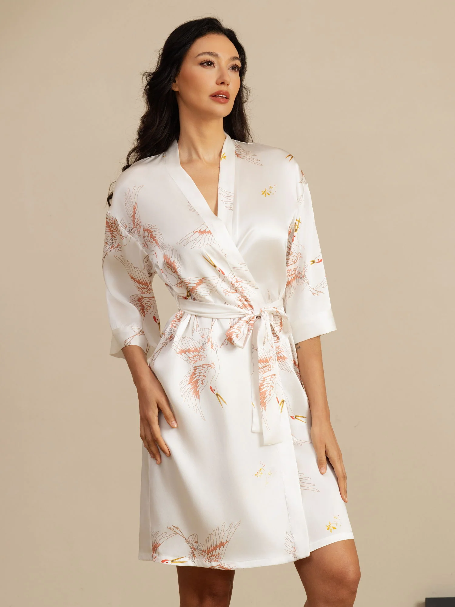 19Momme Pure Silk Crane Print Belted Wrap Women's Kimono Robe - Image 44