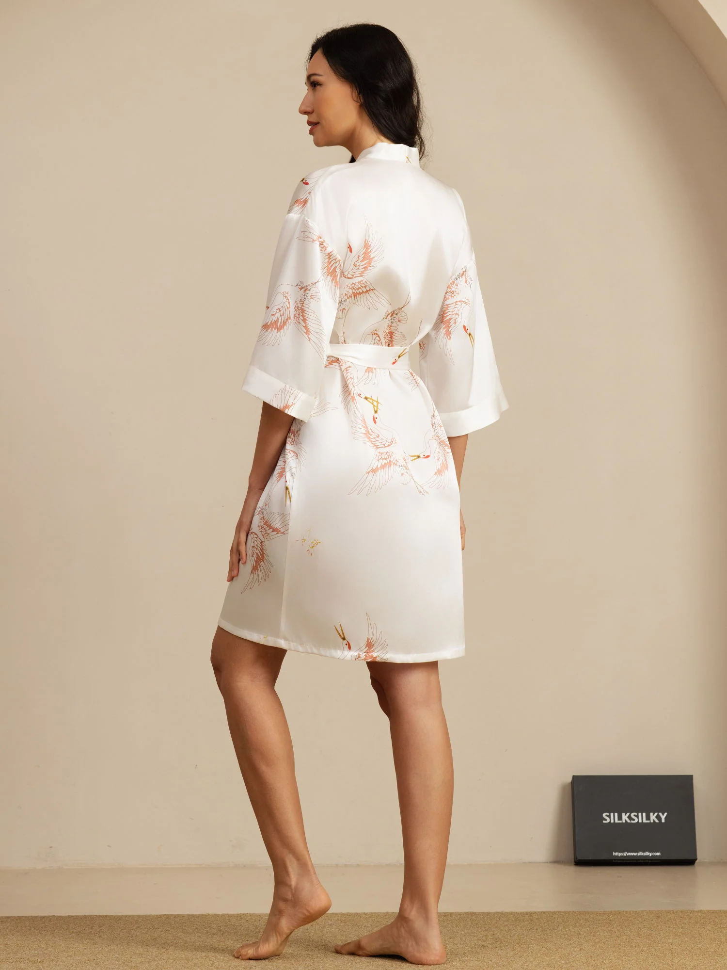 19Momme Pure Silk Crane Print Belted Wrap Women's Kimono Robe - Image 45