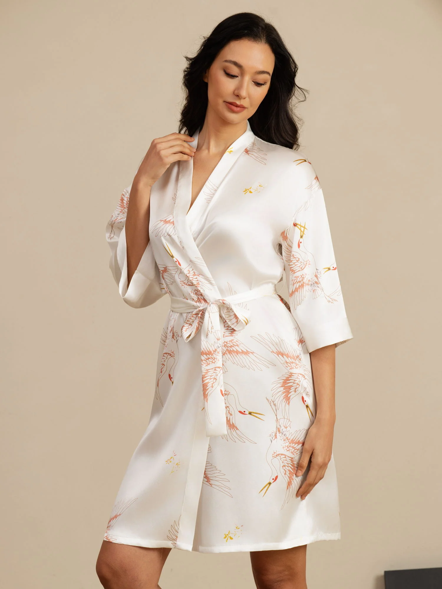 19Momme Pure Silk Crane Print Belted Wrap Women's Kimono Robe - Image 46