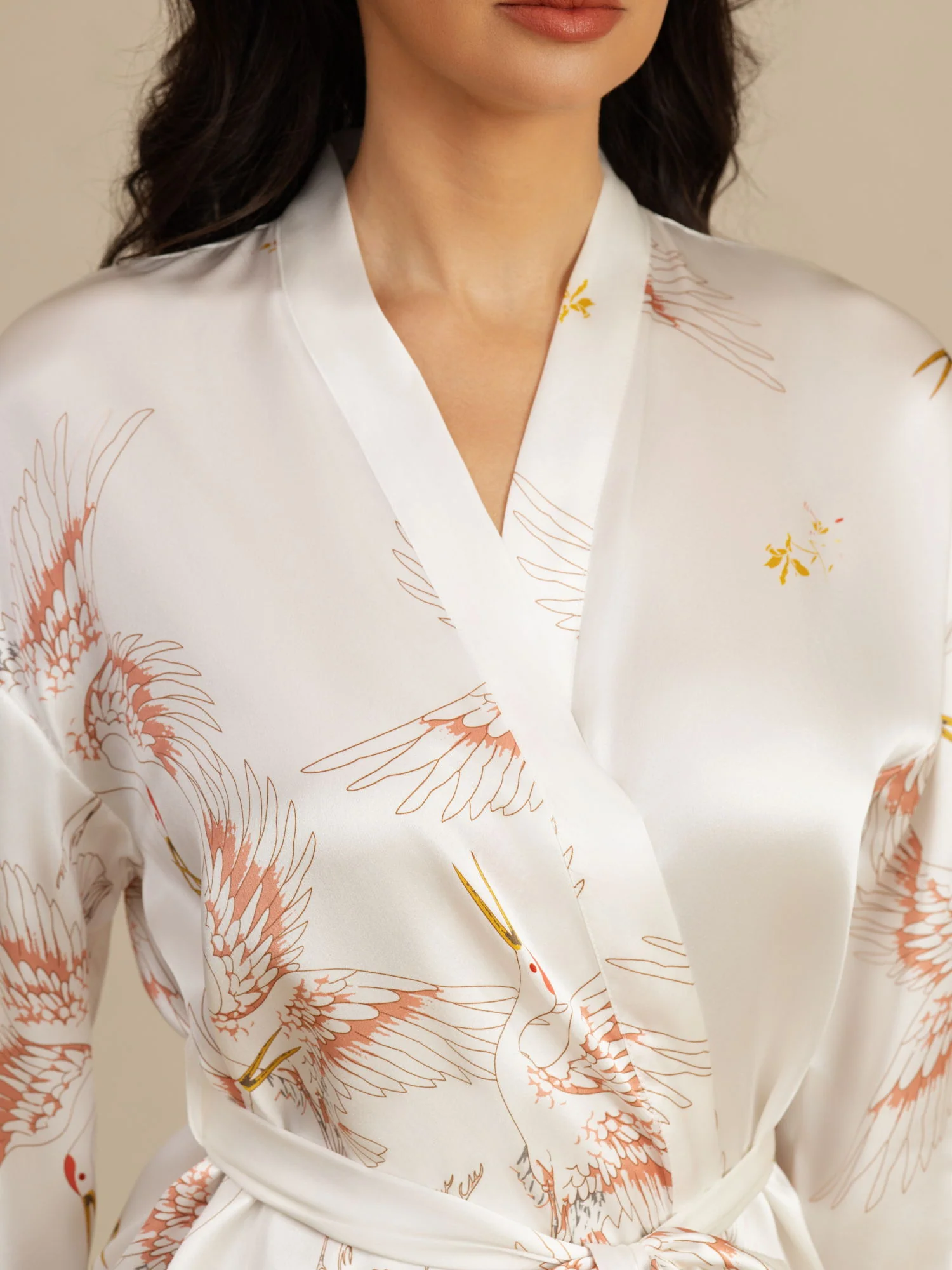 19Momme Pure Silk Crane Print Belted Wrap Women's Kimono Robe - Image 47