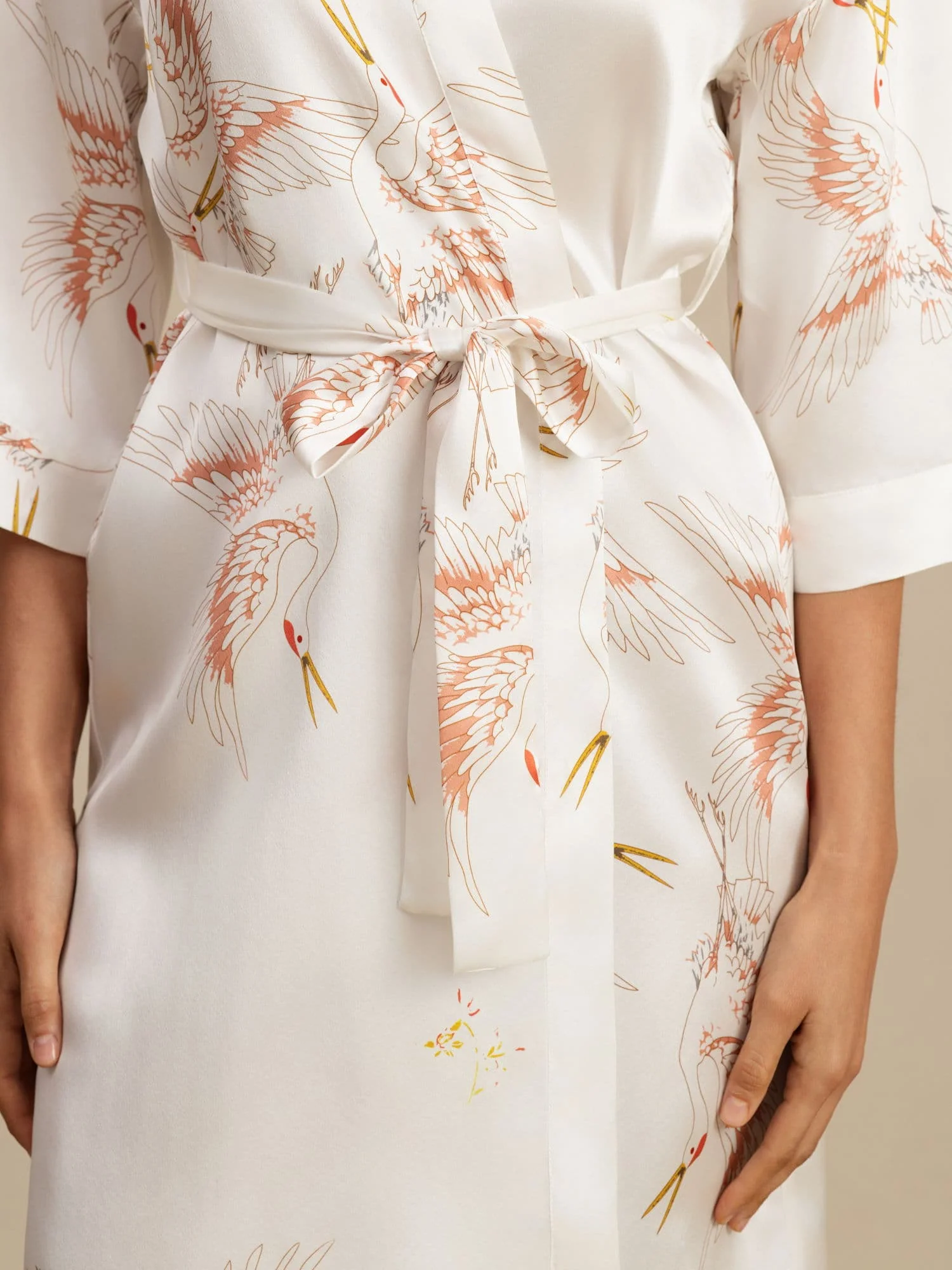 19Momme Pure Silk Crane Print Belted Wrap Women's Kimono Robe - Image 48