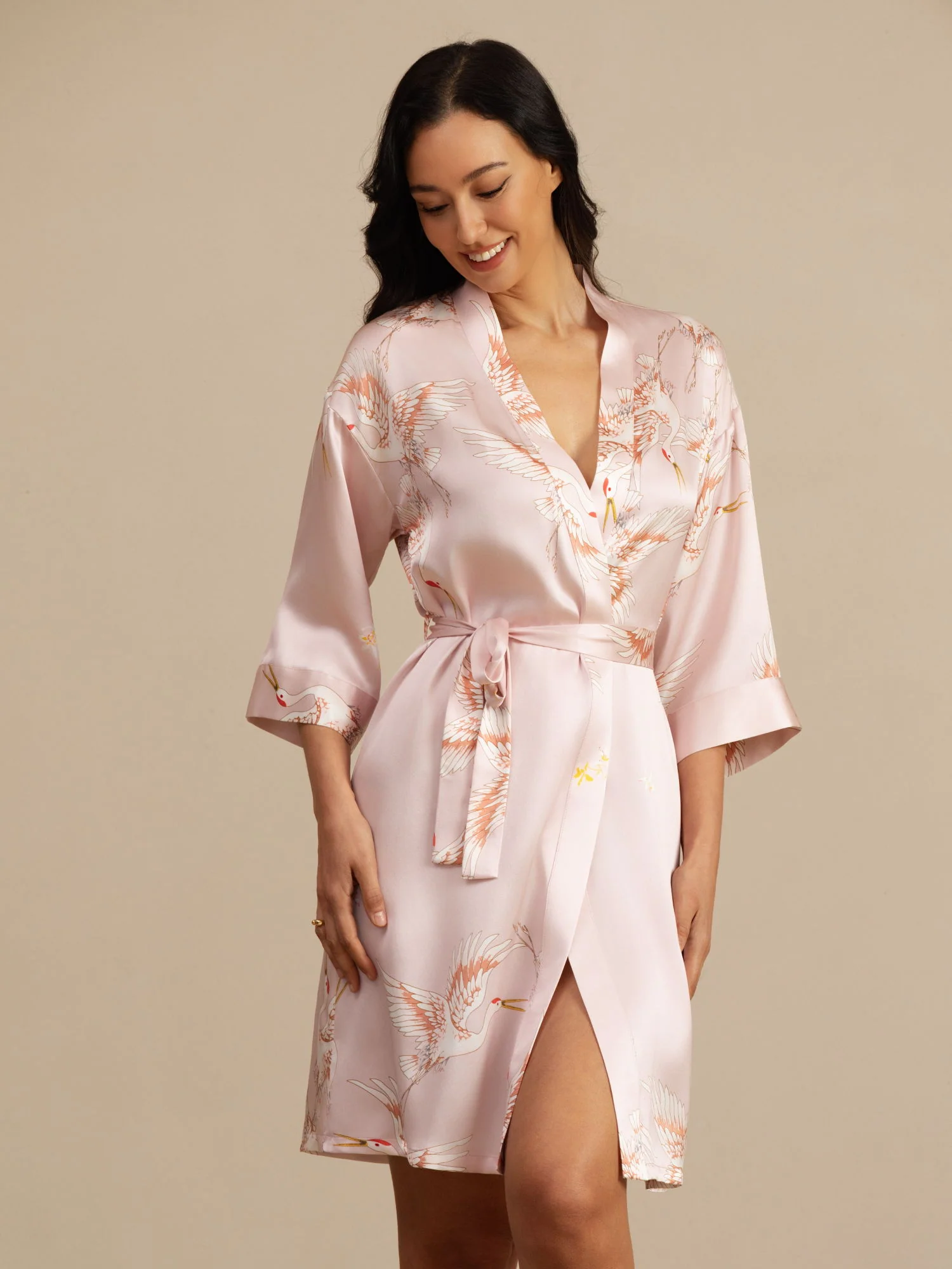19Momme Pure Silk Crane Print Belted Wrap Women's Kimono Robe - Image 9