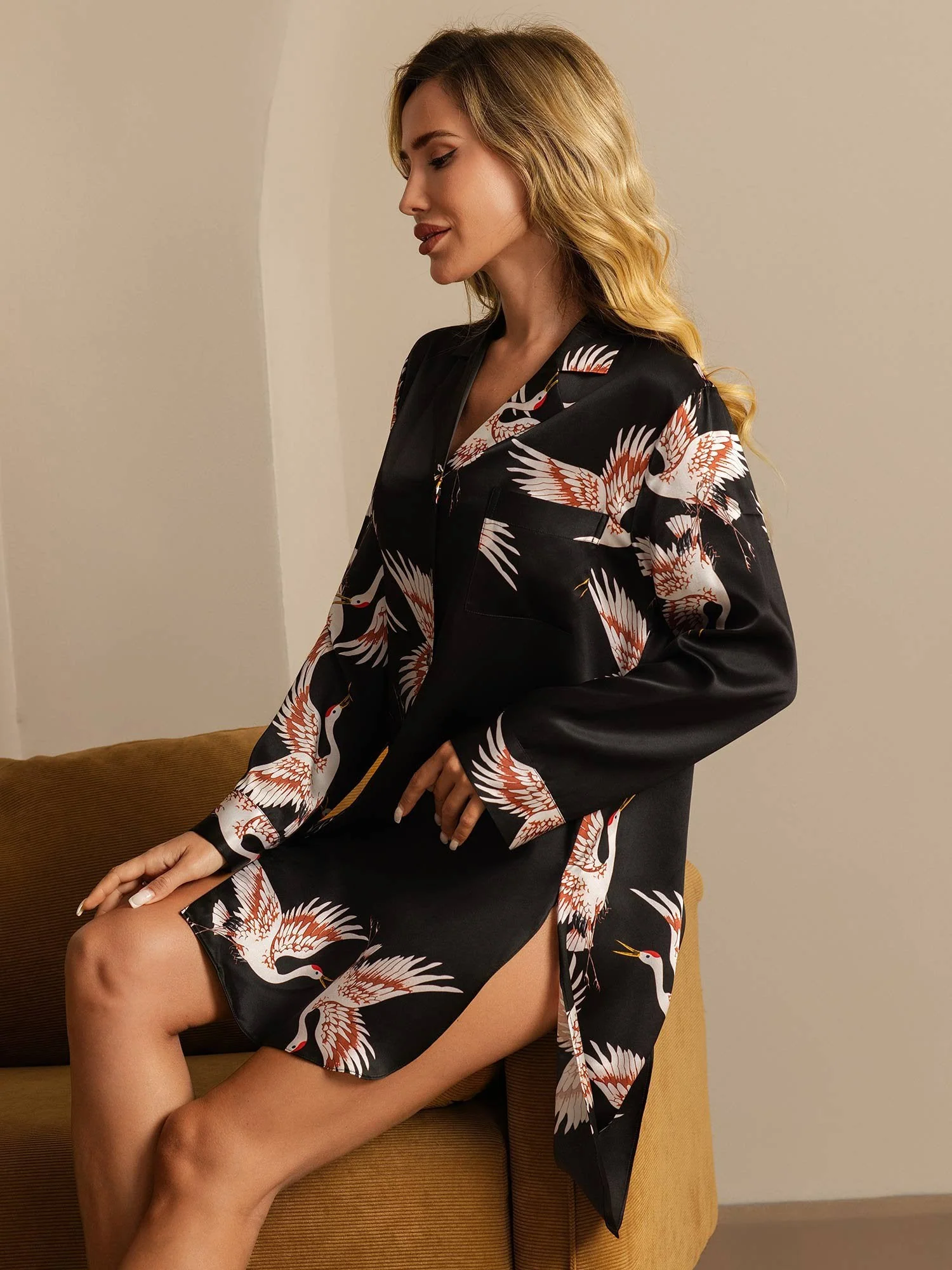 19Momme Pure Silk Crane Print Nightshirt with High-Low Hem - Image 15