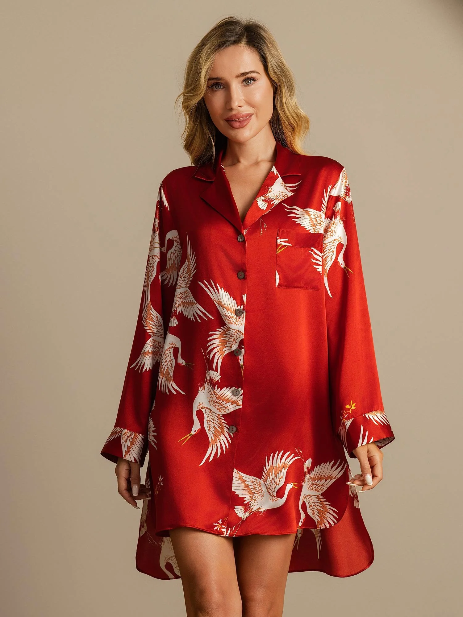 19Momme Pure Silk Crane Print Nightshirt with High-Low Hem - Image 18