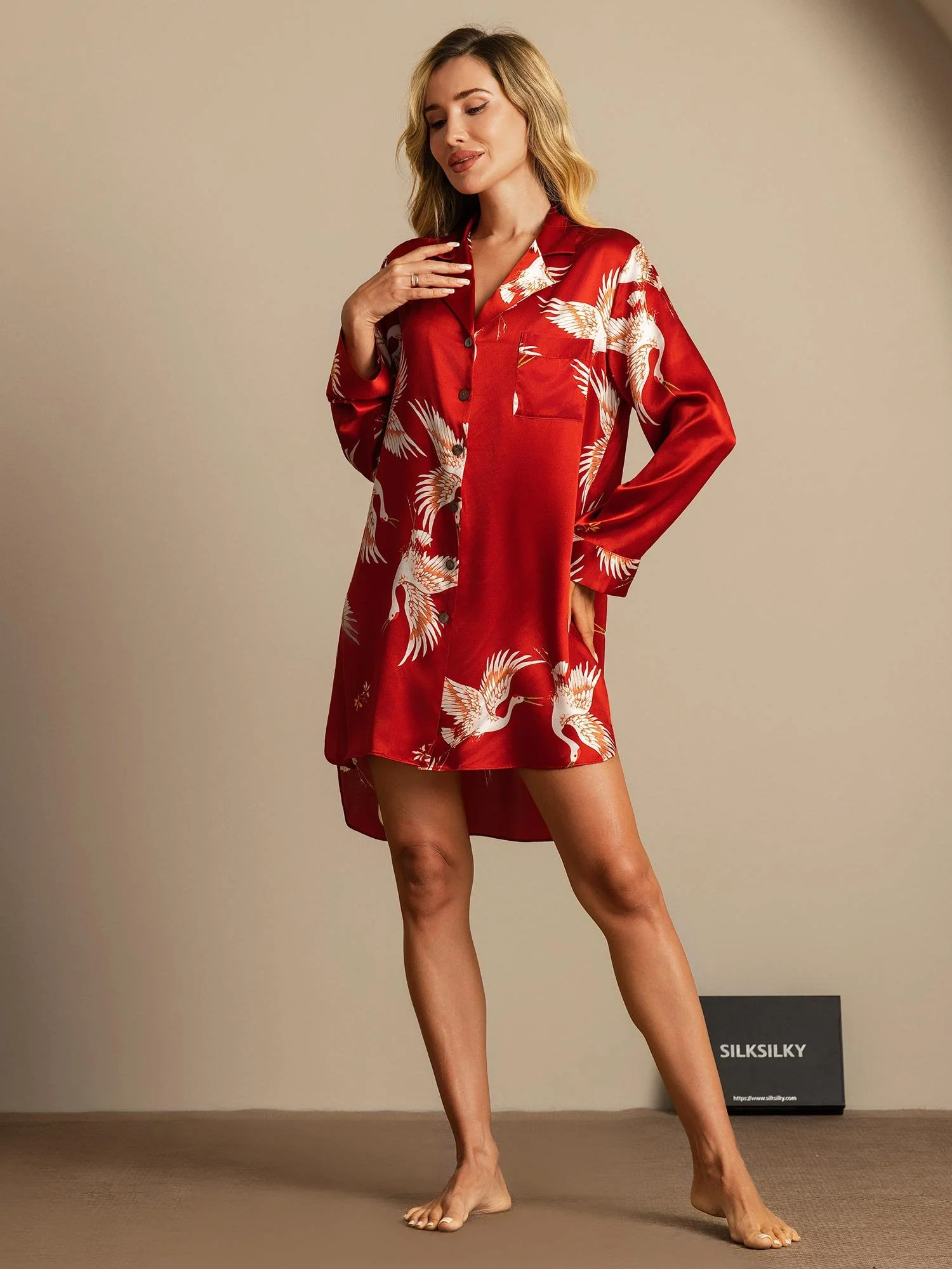 19Momme Pure Silk Crane Print Nightshirt with High-Low Hem - Image 21