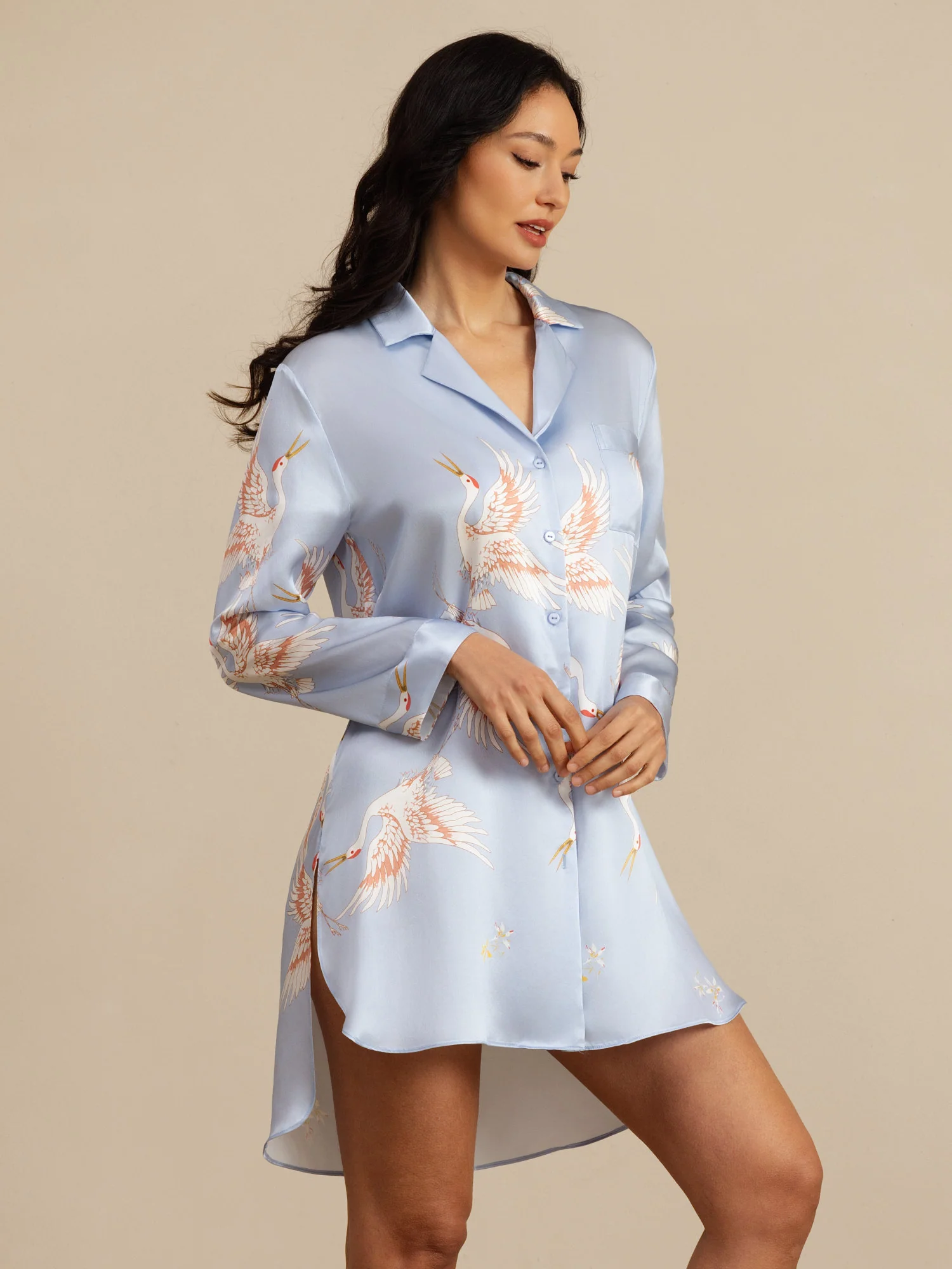 19Momme Pure Silk Crane Print Nightshirt with High-Low Hem - Image 24