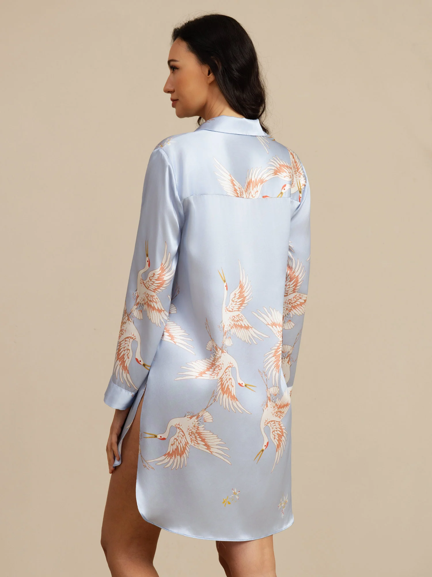 19Momme Pure Silk Crane Print Nightshirt with High-Low Hem - Image 25