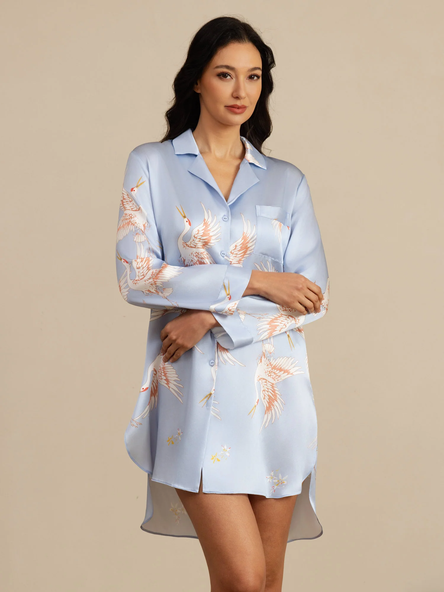 19Momme Pure Silk Crane Print Nightshirt with High-Low Hem - Image 26