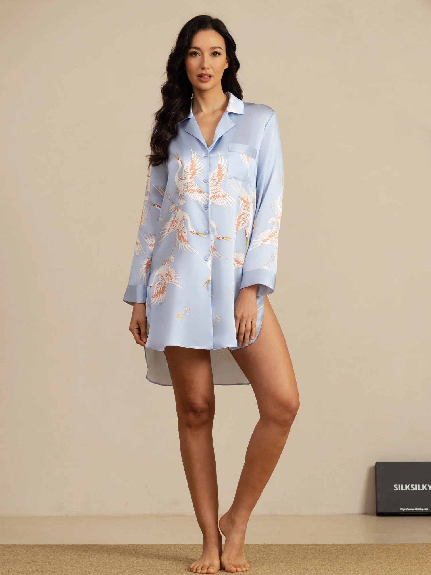 19Momme Pure Silk Crane Print Nightshirt with High-Low Hem - Image 28