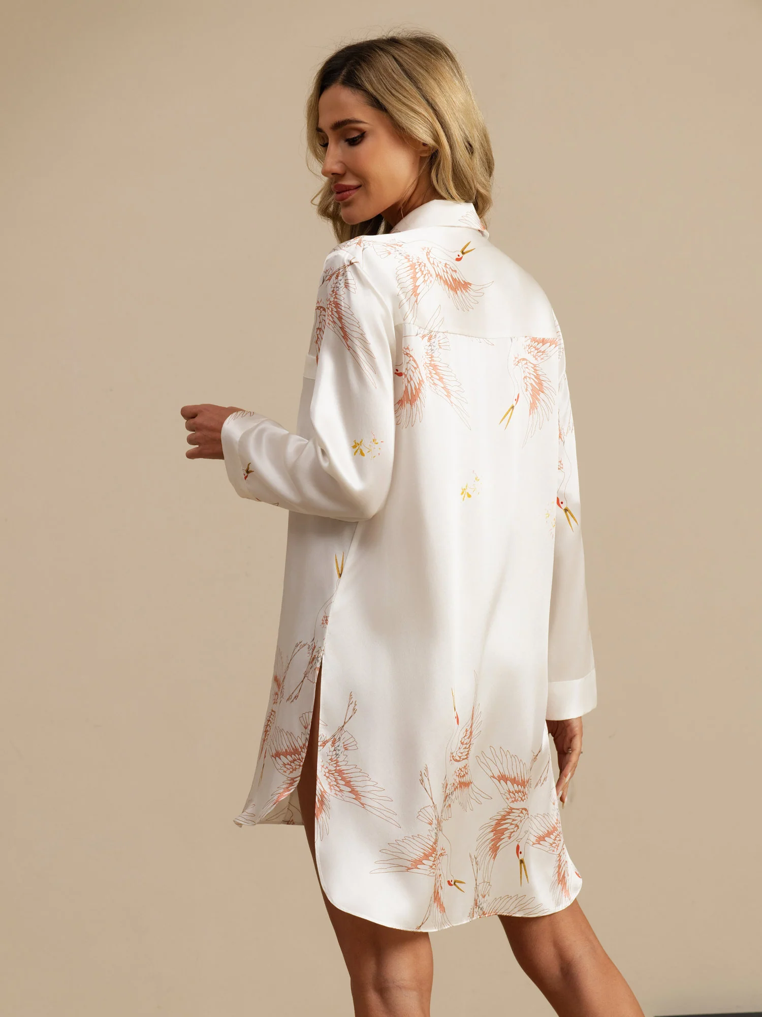 19Momme Pure Silk Crane Print Nightshirt with High-Low Hem - Image 32