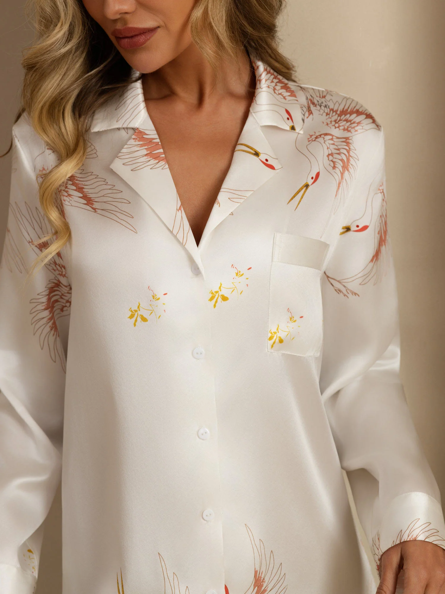 19Momme Pure Silk Crane Print Nightshirt with High-Low Hem - Image 34