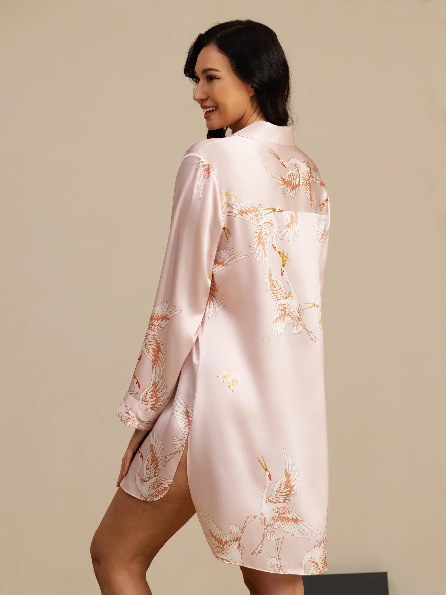 19Momme Pure Silk Crane Print Nightshirt with High-Low Hem - Image 45