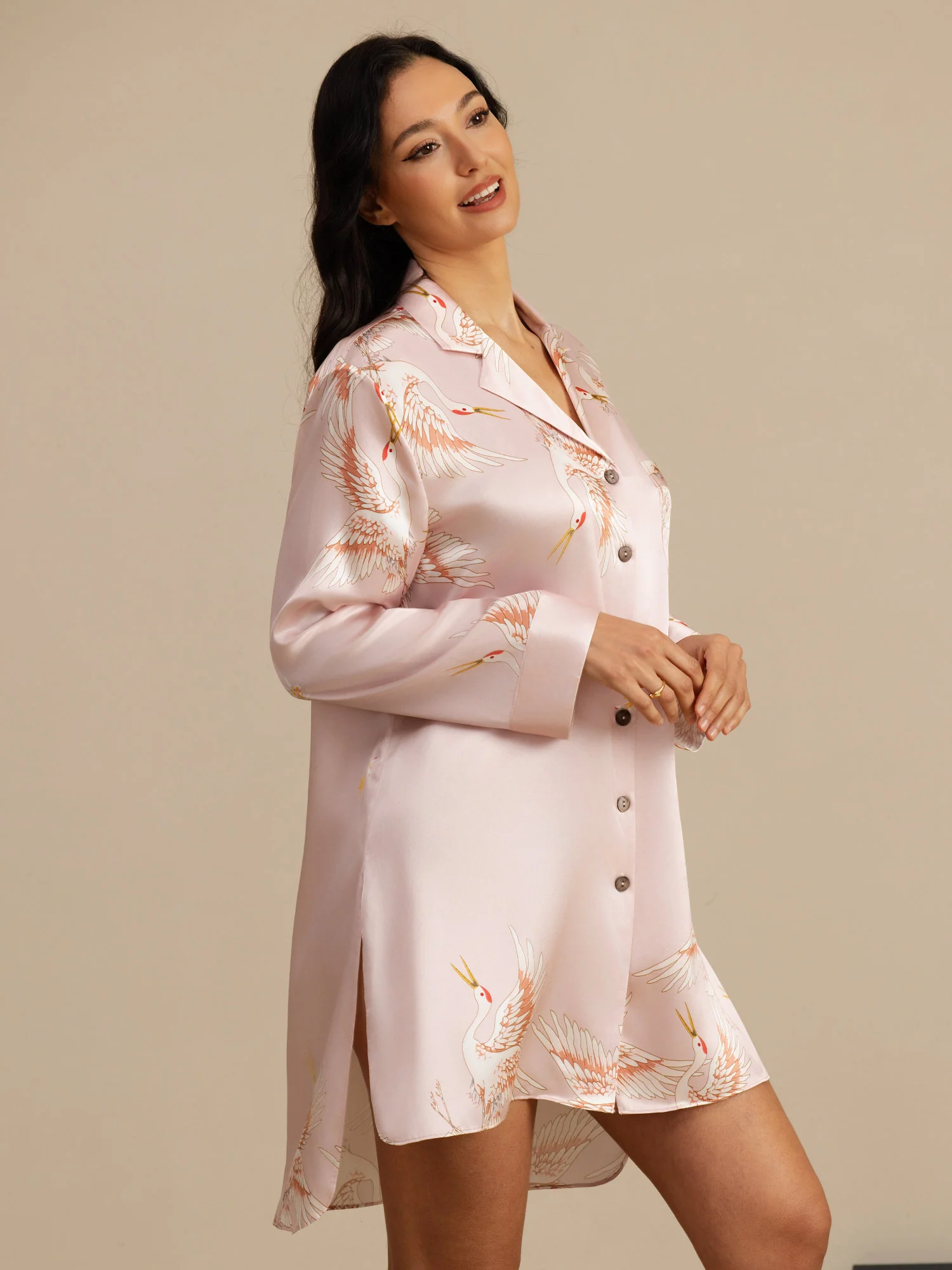 19Momme Pure Silk Crane Print Nightshirt with High-Low Hem - Image 47