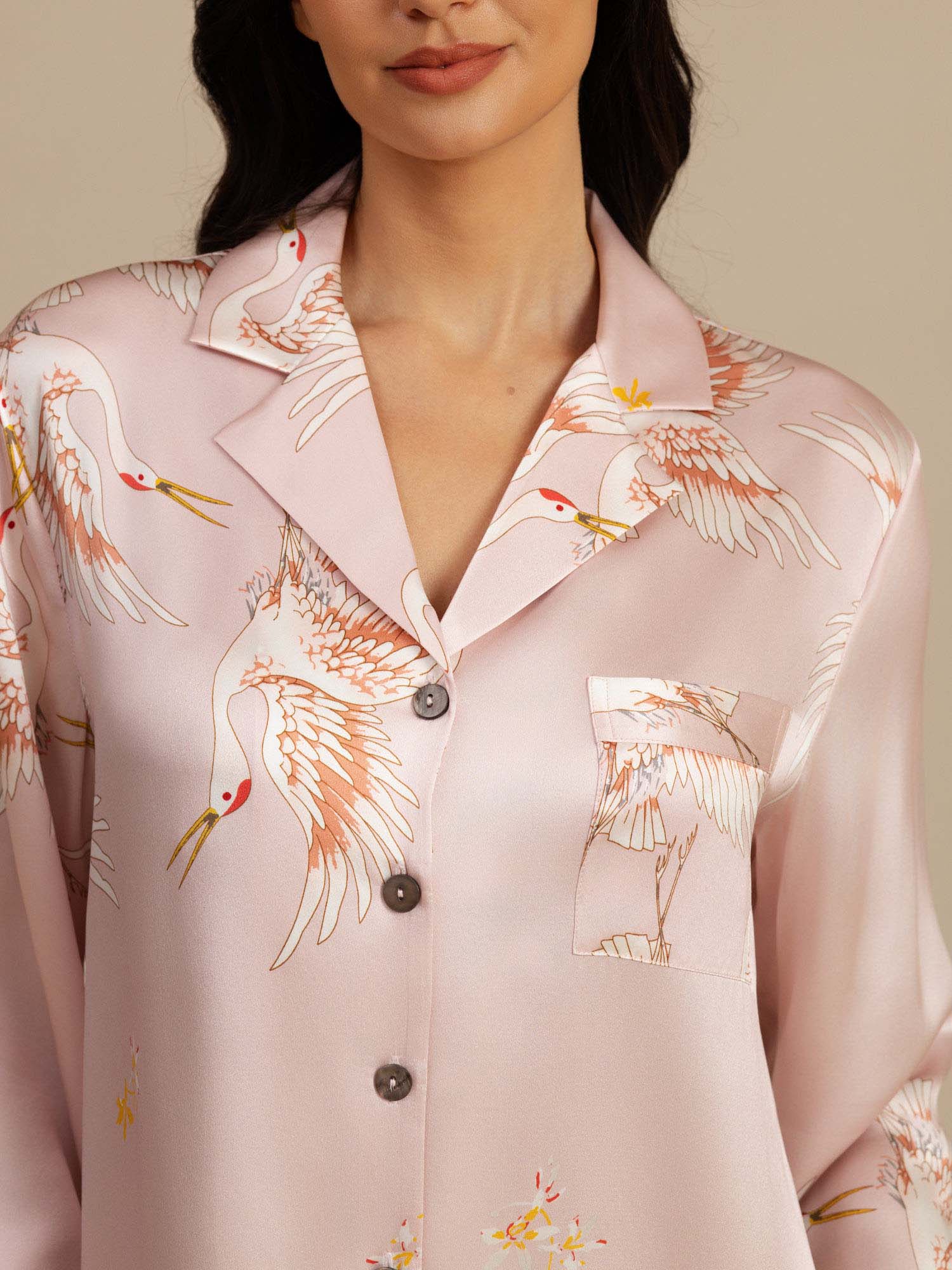 19Momme Pure Silk Crane Print Nightshirt with High-Low Hem - Image 48