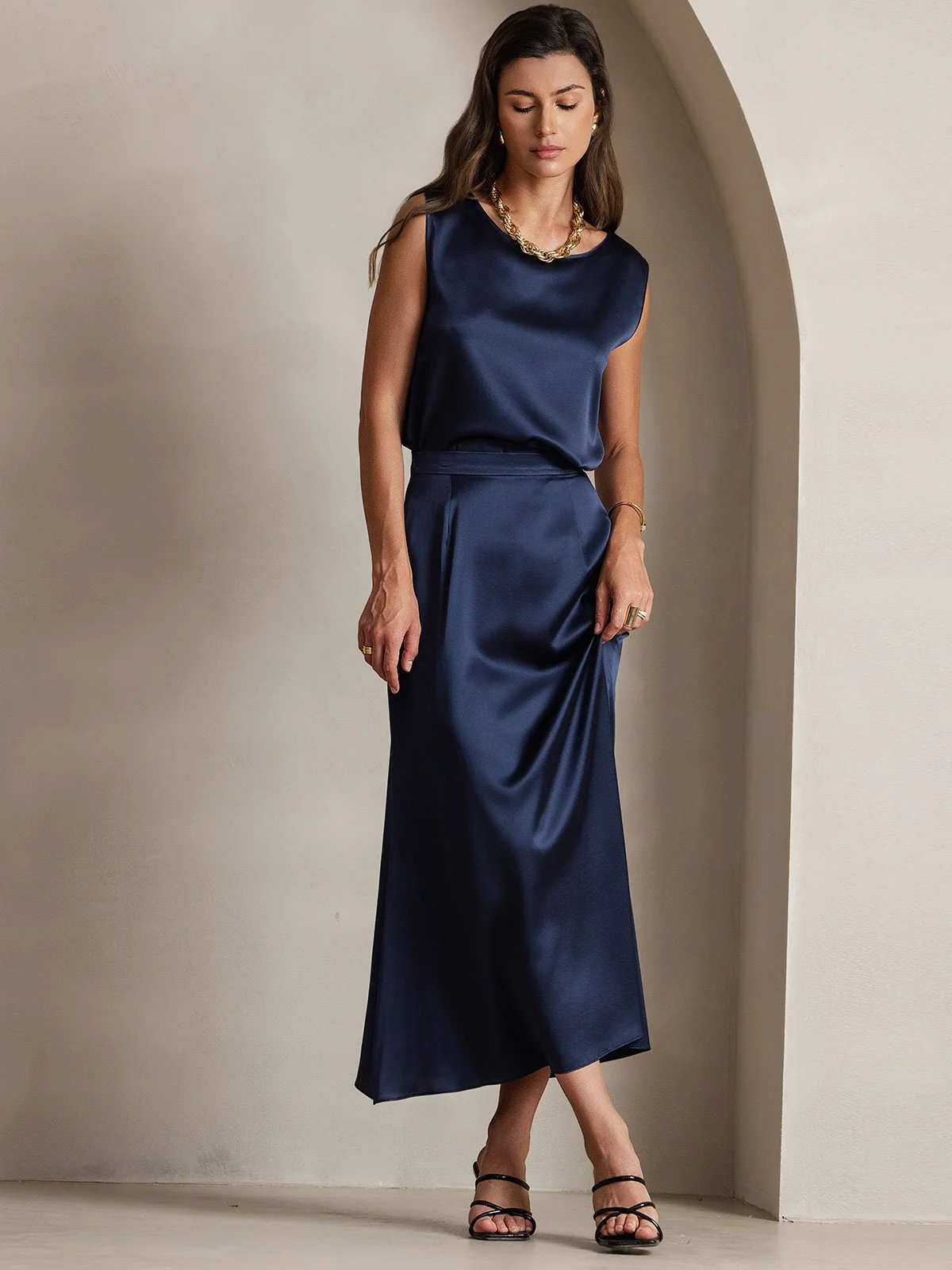 19Momme Silk A Line Maxi Skirt with Zipper Design - Image 26