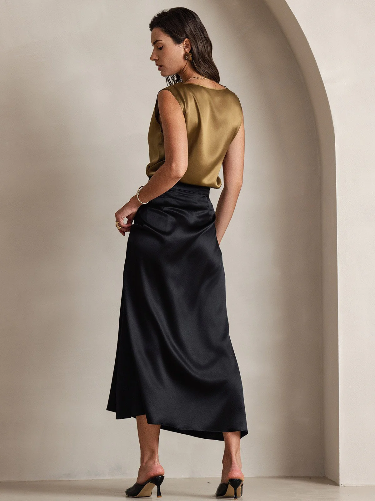 19Momme Silk A Line Maxi Skirt with Zipper Design - Image 28