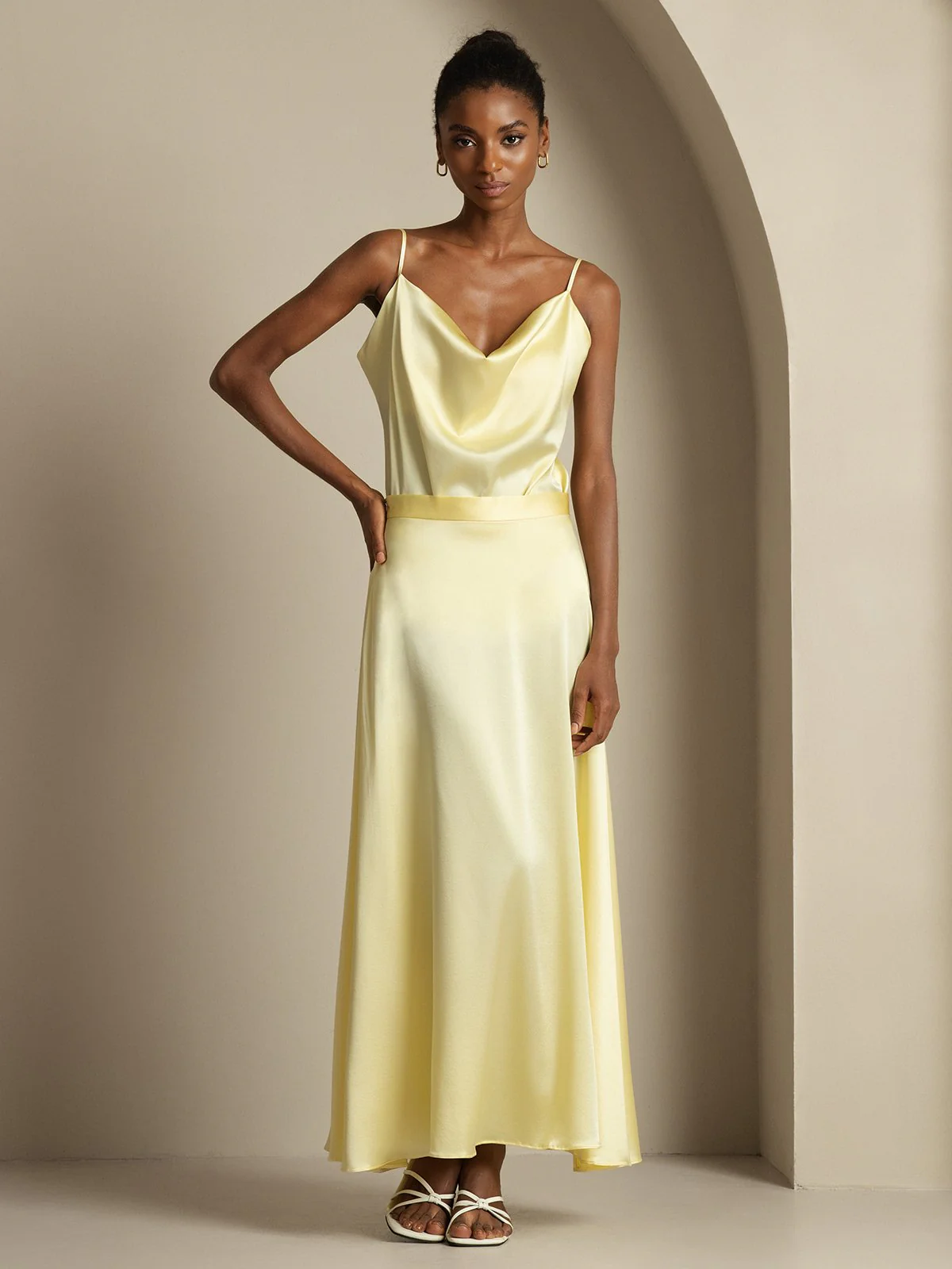 19Momme Silk Cowl Neck Spaghetti Strap Camisole Top & A Line Maxi Skirt - Image 11