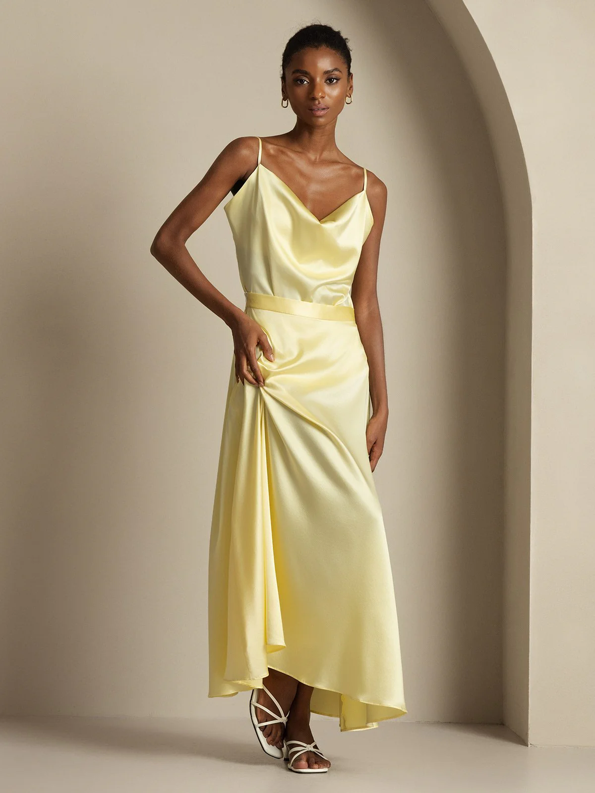 19Momme Silk Cowl Neck Spaghetti Strap Camisole Top & A Line Maxi Skirt - Image 13