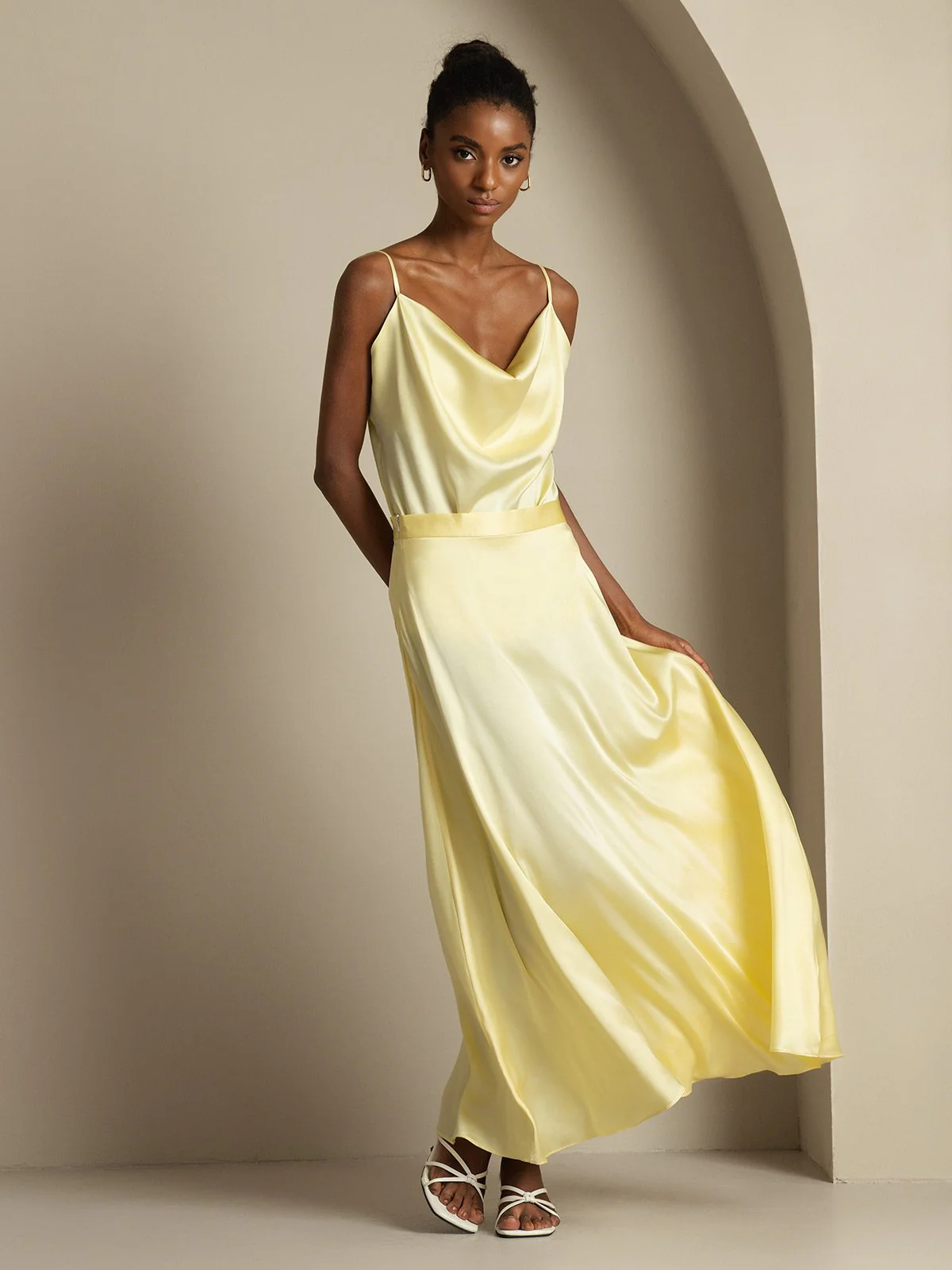 19Momme Silk Cowl Neck Spaghetti Strap Camisole Top & A Line Maxi Skirt - Image 14