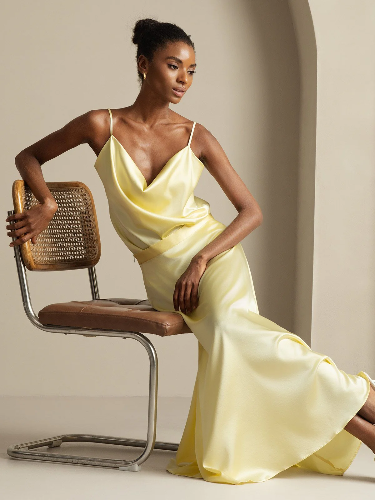 19Momme Silk Cowl Neck Spaghetti Strap Camisole Top & A Line Maxi Skirt - Image 15