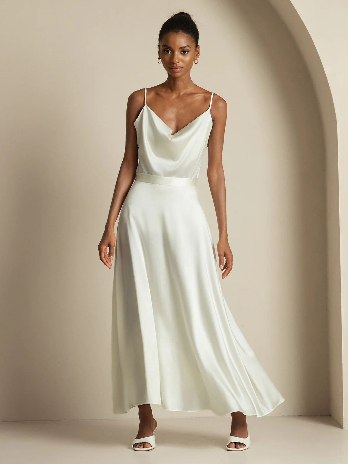19Momme Silk Cowl Neck Spaghetti Strap Camisole Top & A Line Maxi Skirt - Image 17