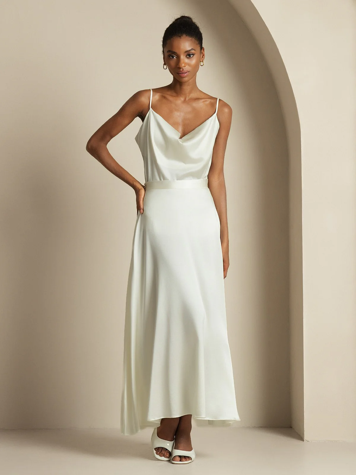 19Momme Silk Cowl Neck Spaghetti Strap Camisole Top & A Line Maxi Skirt - Image 19