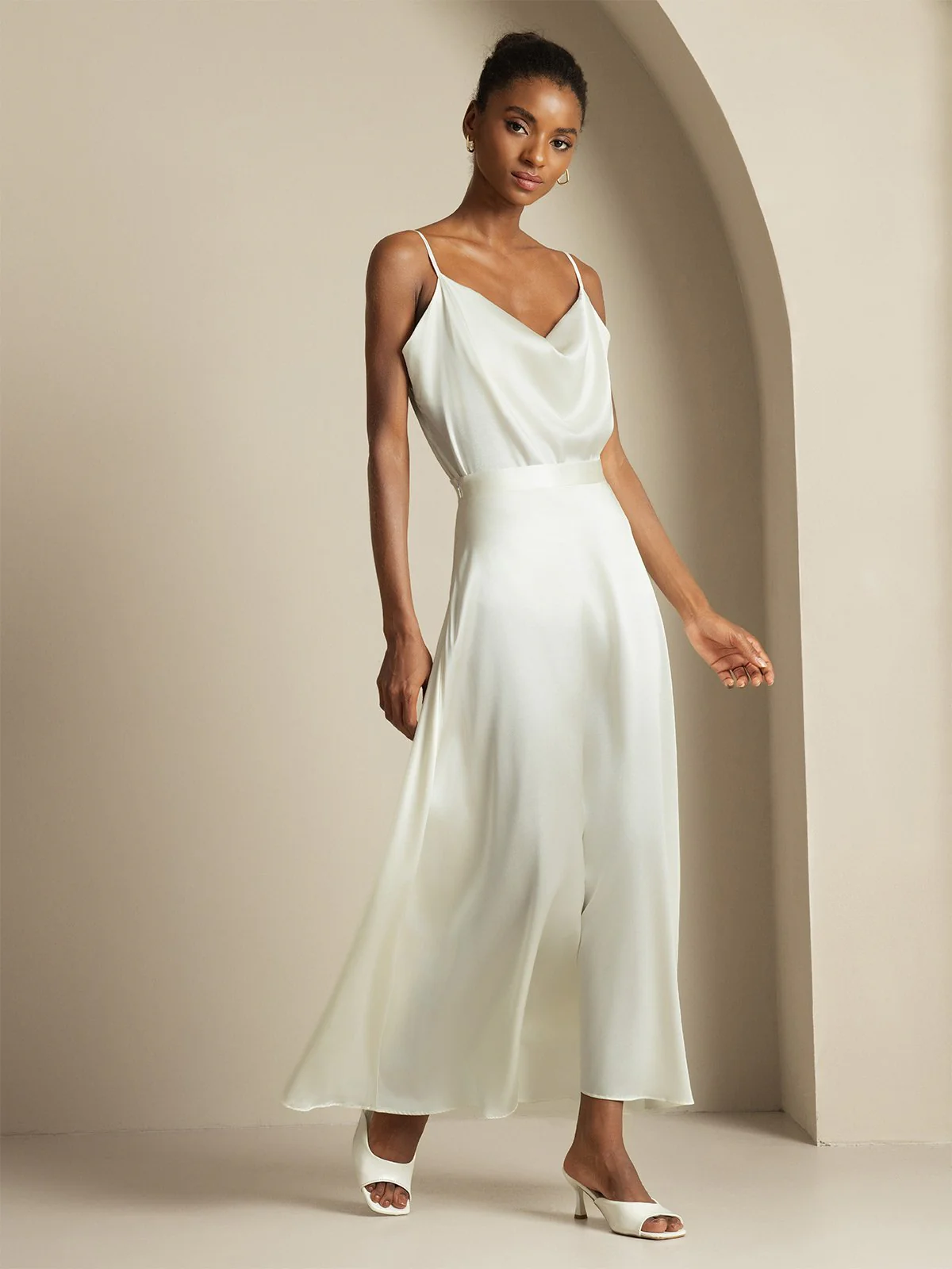 19Momme Silk Cowl Neck Spaghetti Strap Camisole Top & A Line Maxi Skirt - Image 20