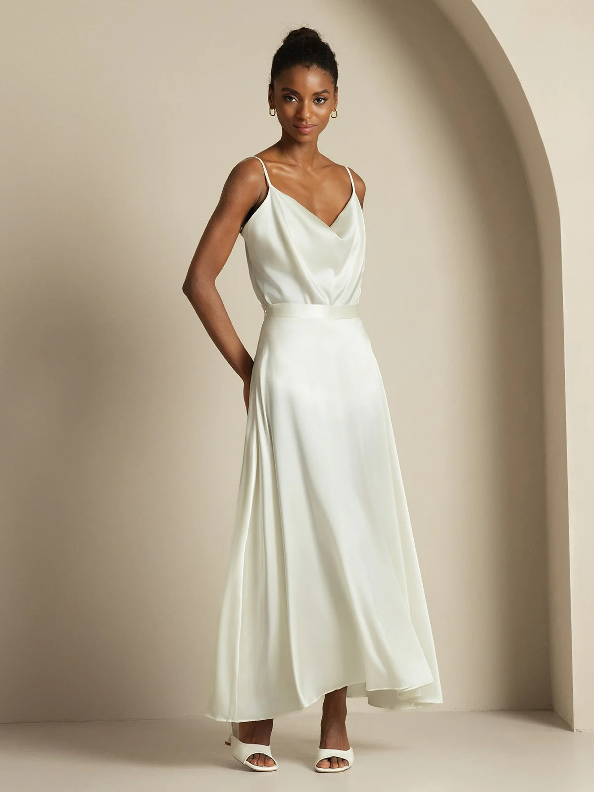 19Momme Silk Cowl Neck Spaghetti Strap Camisole Top & A Line Maxi Skirt - Image 21