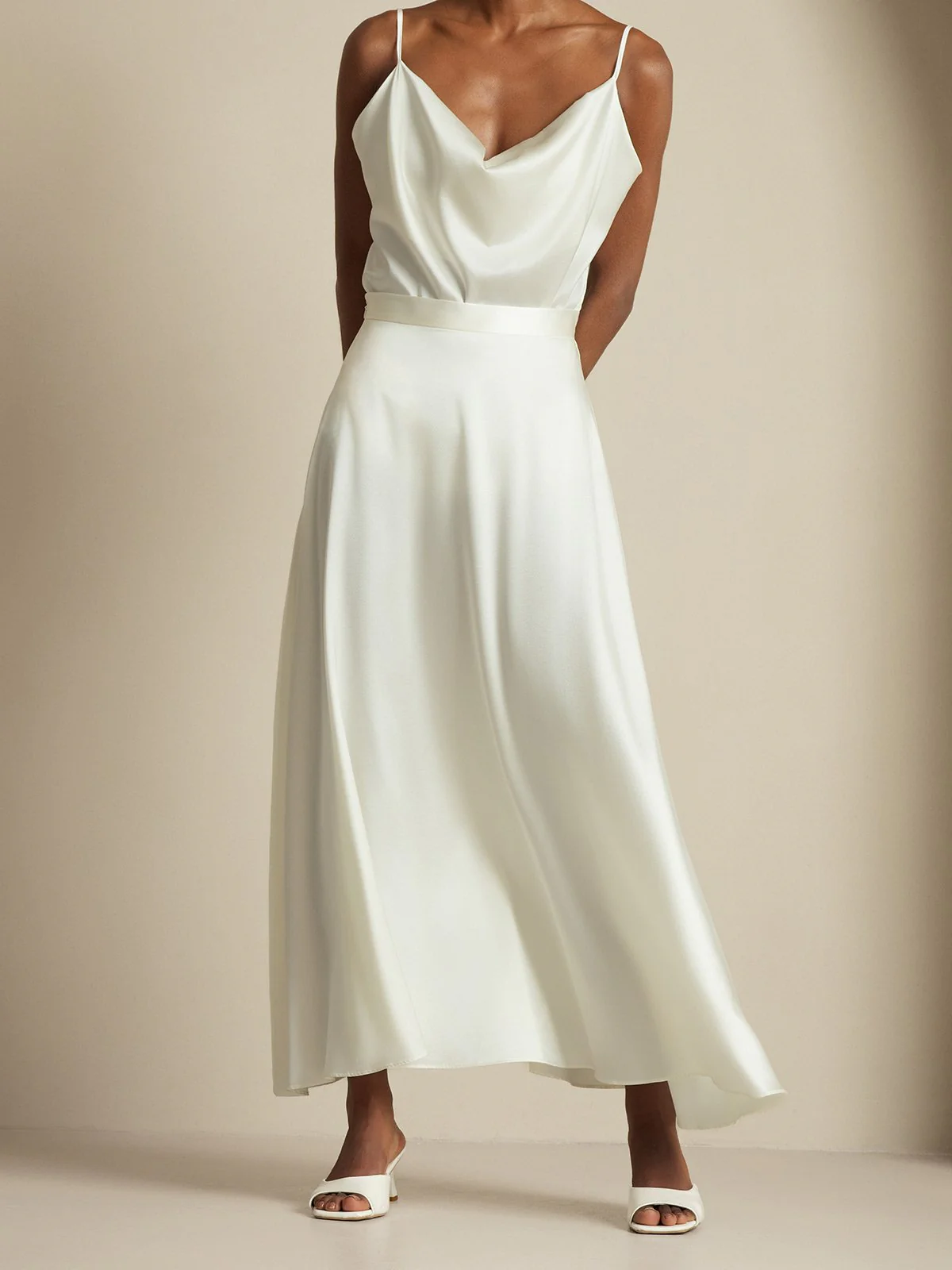 19Momme Silk Cowl Neck Spaghetti Strap Camisole Top & A Line Maxi Skirt - Image 22