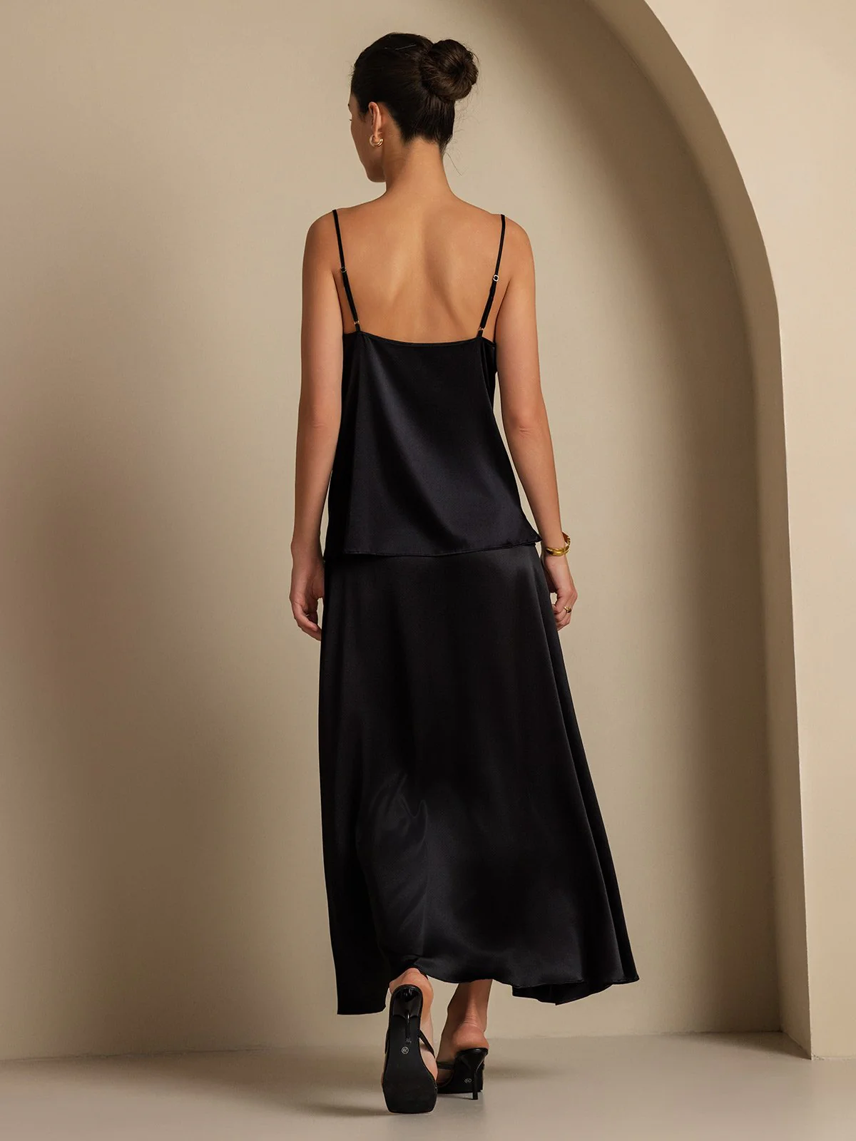 19Momme Silk Cowl Neck Spaghetti Strap Camisole Top & A Line Maxi Skirt - Image 24