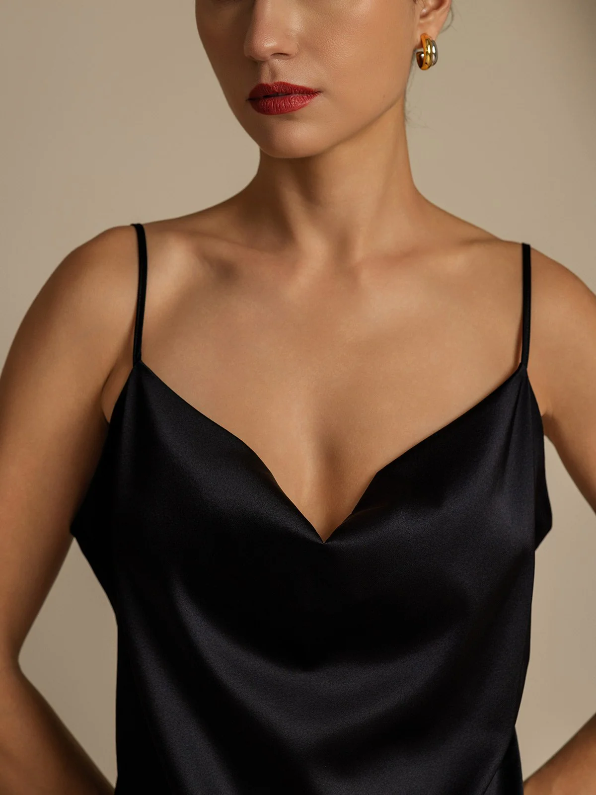 19Momme Silk Cowl Neck Spaghetti Strap Camisole Top & A Line Maxi Skirt - Image 26