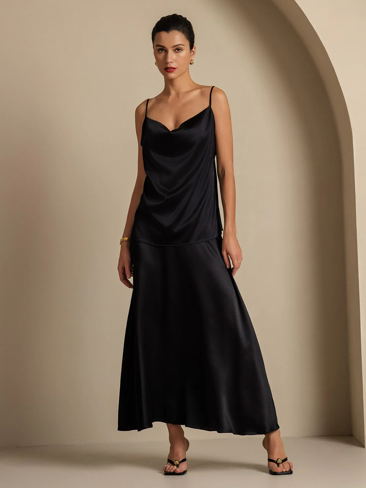 19Momme Silk Cowl Neck Spaghetti Strap Camisole Top & A Line Maxi Skirt - Image 29