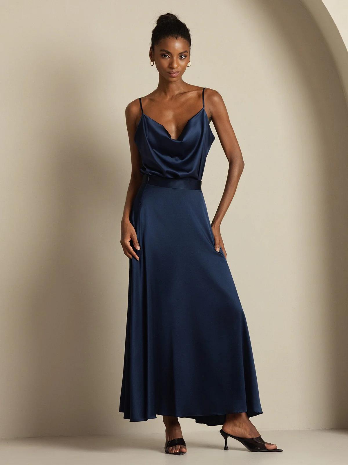 19Momme Silk Cowl Neck Spaghetti Strap Camisole Top & A Line Maxi Skirt - Image 3