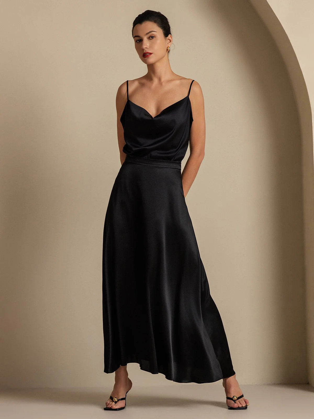 19Momme Silk Cowl Neck Spaghetti Strap Camisole Top & A Line Maxi Skirt - Image 30