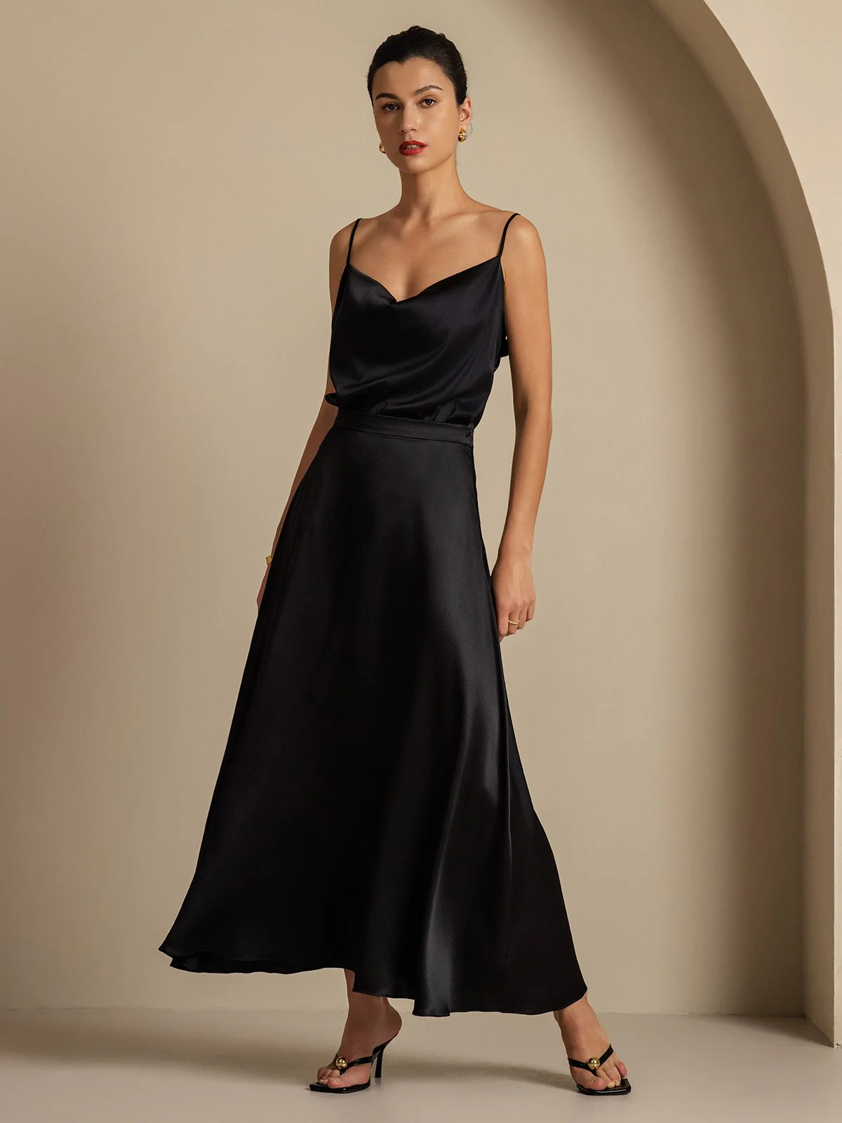 19Momme Silk Cowl Neck Spaghetti Strap Camisole Top & A Line Maxi Skirt - Image 31