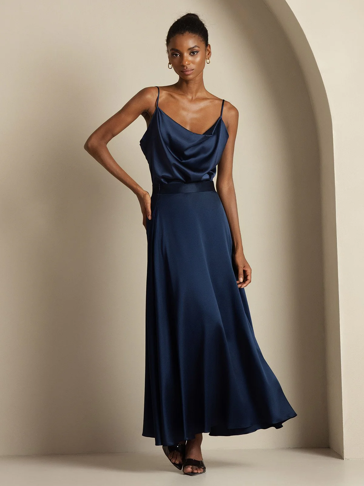 19Momme Silk Cowl Neck Spaghetti Strap Camisole Top & A Line Maxi Skirt - Image 7