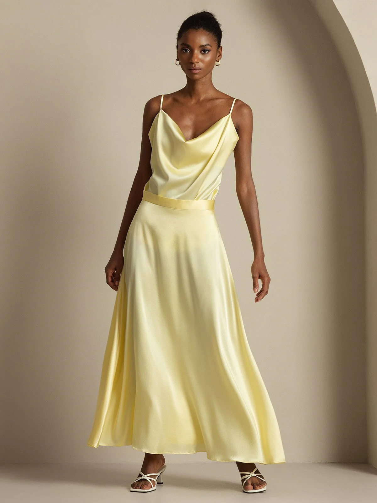 19Momme Silk Cowl Neck Spaghetti Strap Camisole Top & A Line Maxi Skirt - Image 9
