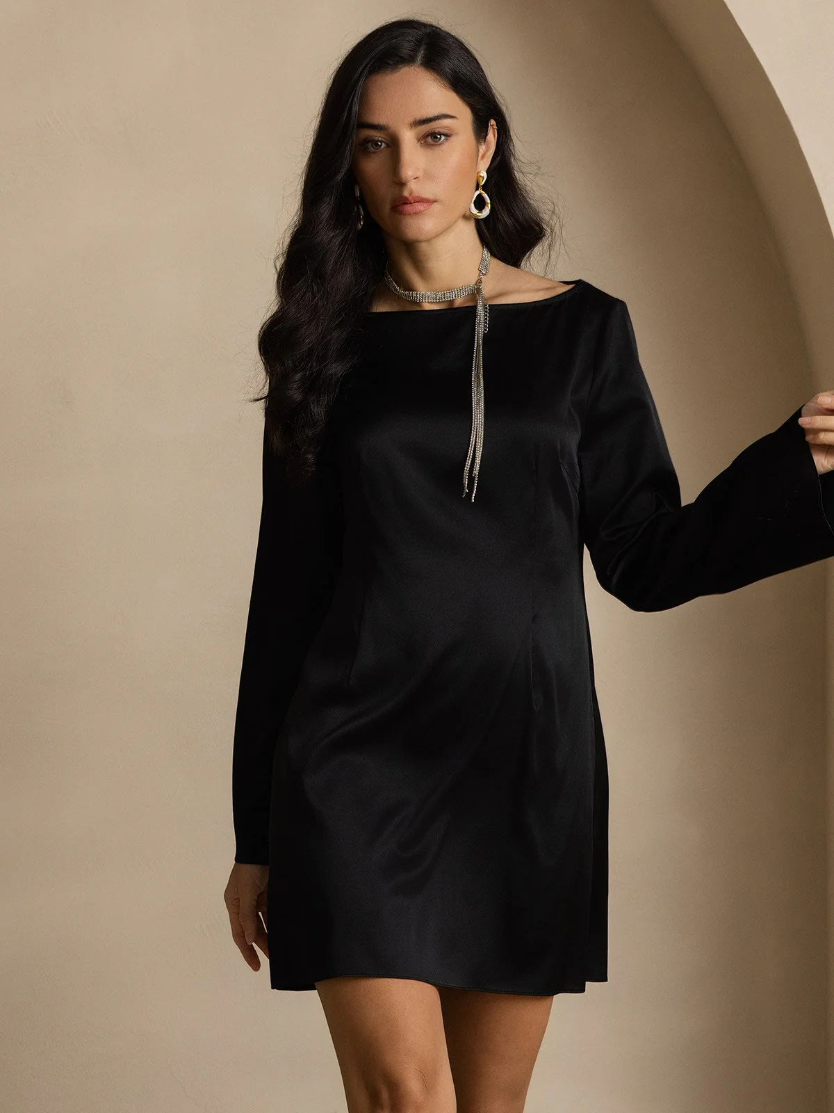 19Momme Silk Long Sleeve Boat Neck Short Dress - Image 13