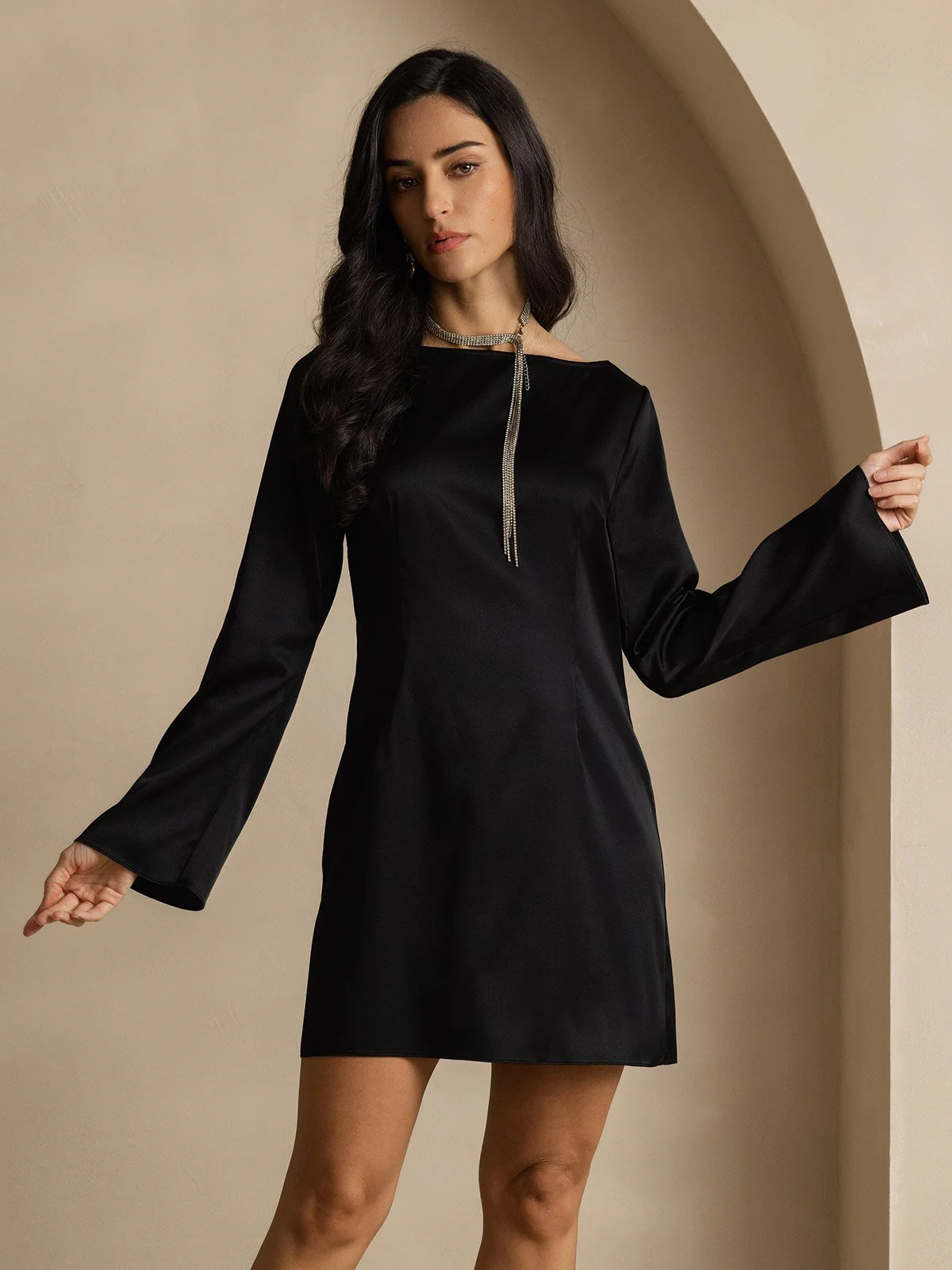 19Momme Silk Long Sleeve Boat Neck Short Dress - Image 14